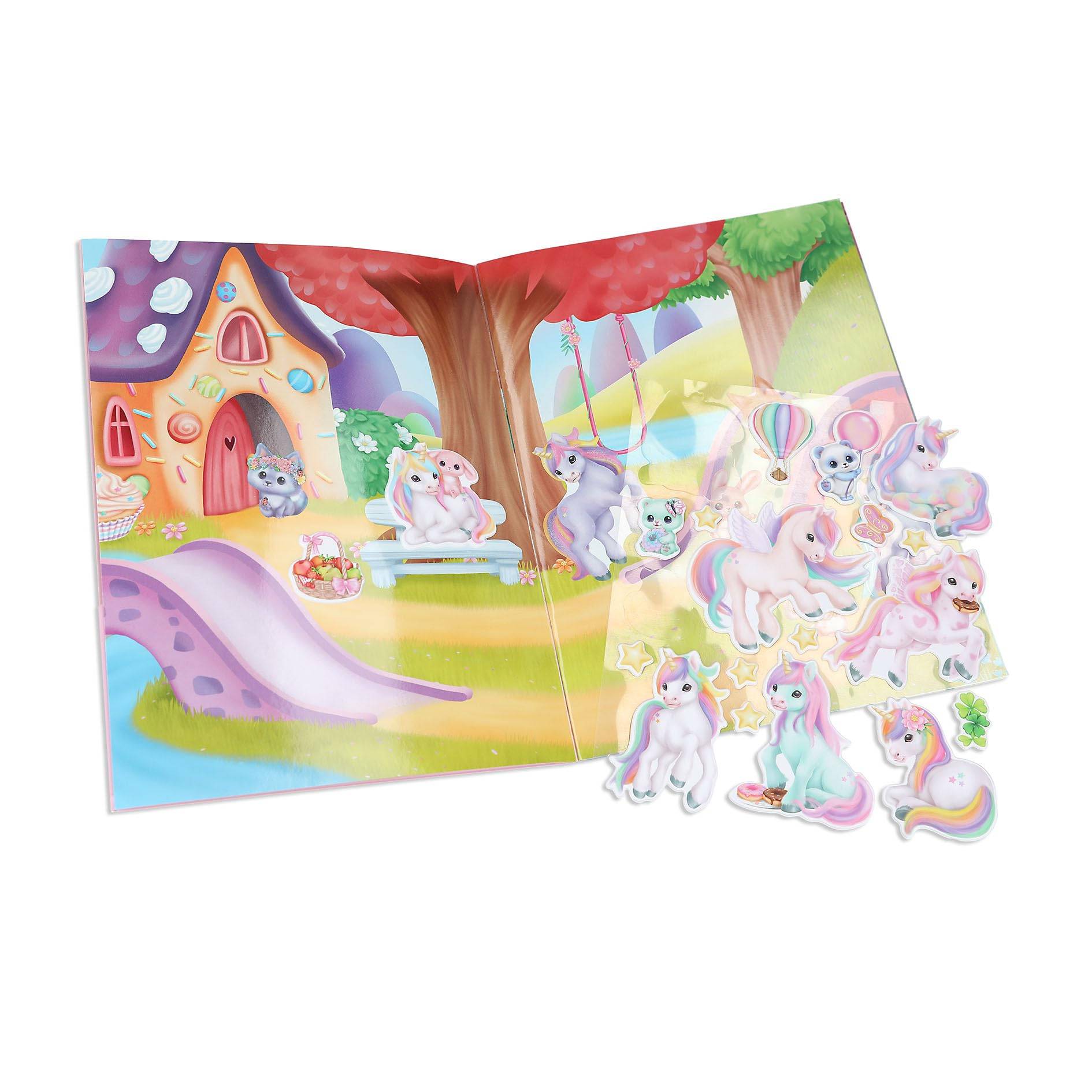 Offenes Storybook-Spielset, das ein zartes Feenendorf mit einem Einhornhaus, einem Baum, einer Bank und vielen abnehmbaren Einhornfiguren zeigt