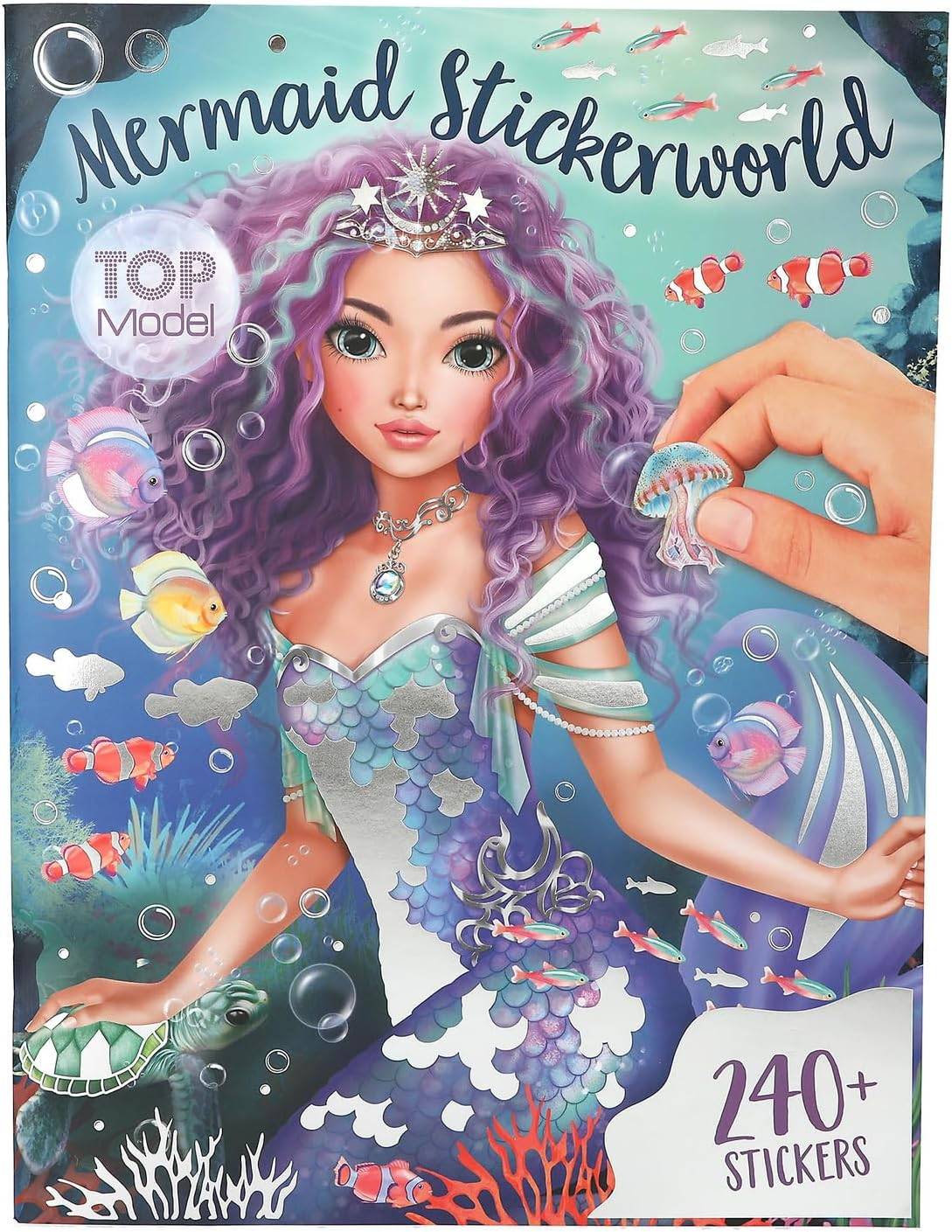 Mermaid-Stickerbuch-Umschlag mit lila-haariger Meerjungfrau-Prinzessin, Text „Mermaid Stickerworld