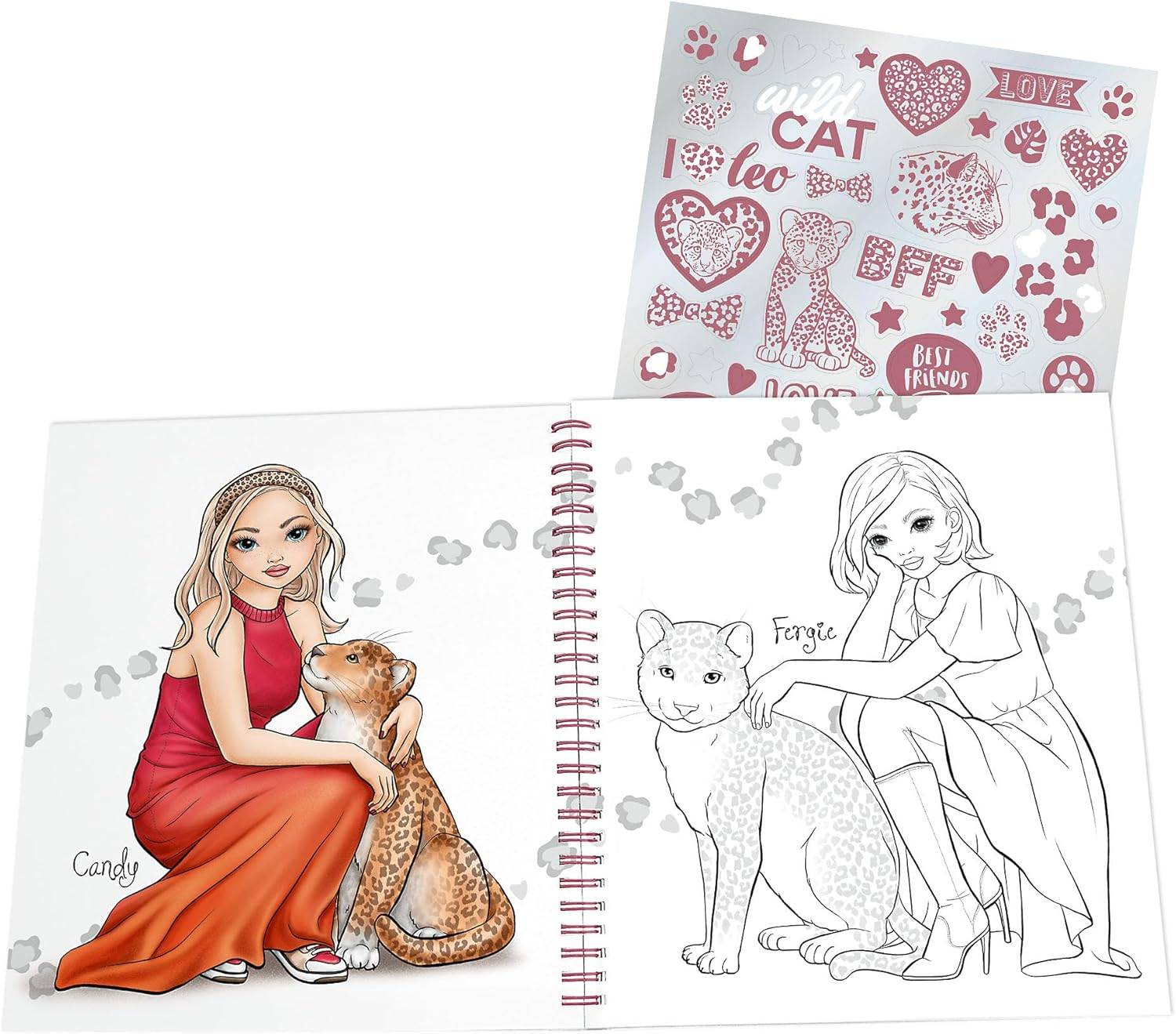 Offenes spiralgebundenes Malbuch mit einem Mädchen und einem Leoparden auf einer Seite, einer Katzenkontur auf der anderen Seite und einem Aufkleberbogen mit Herzen und katzenbezogenen Designs.