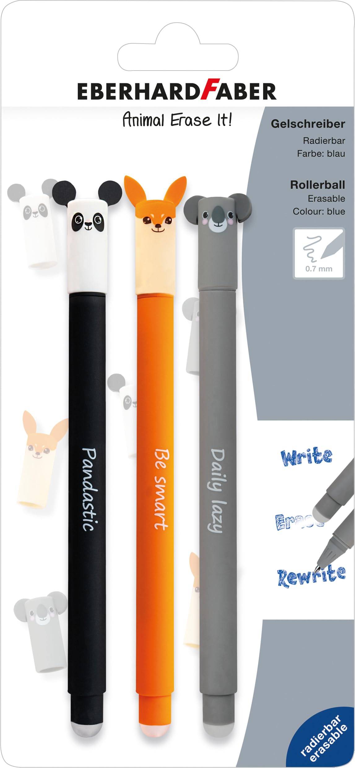 Verpackung für Eberhard Faber Animal Erase It! Gel-Stifte, zeigt drei tierthematische Stifte: Panda schwarz, Fuchs orange und Koala grau, mit dem Hinweis „Write, Re-Write