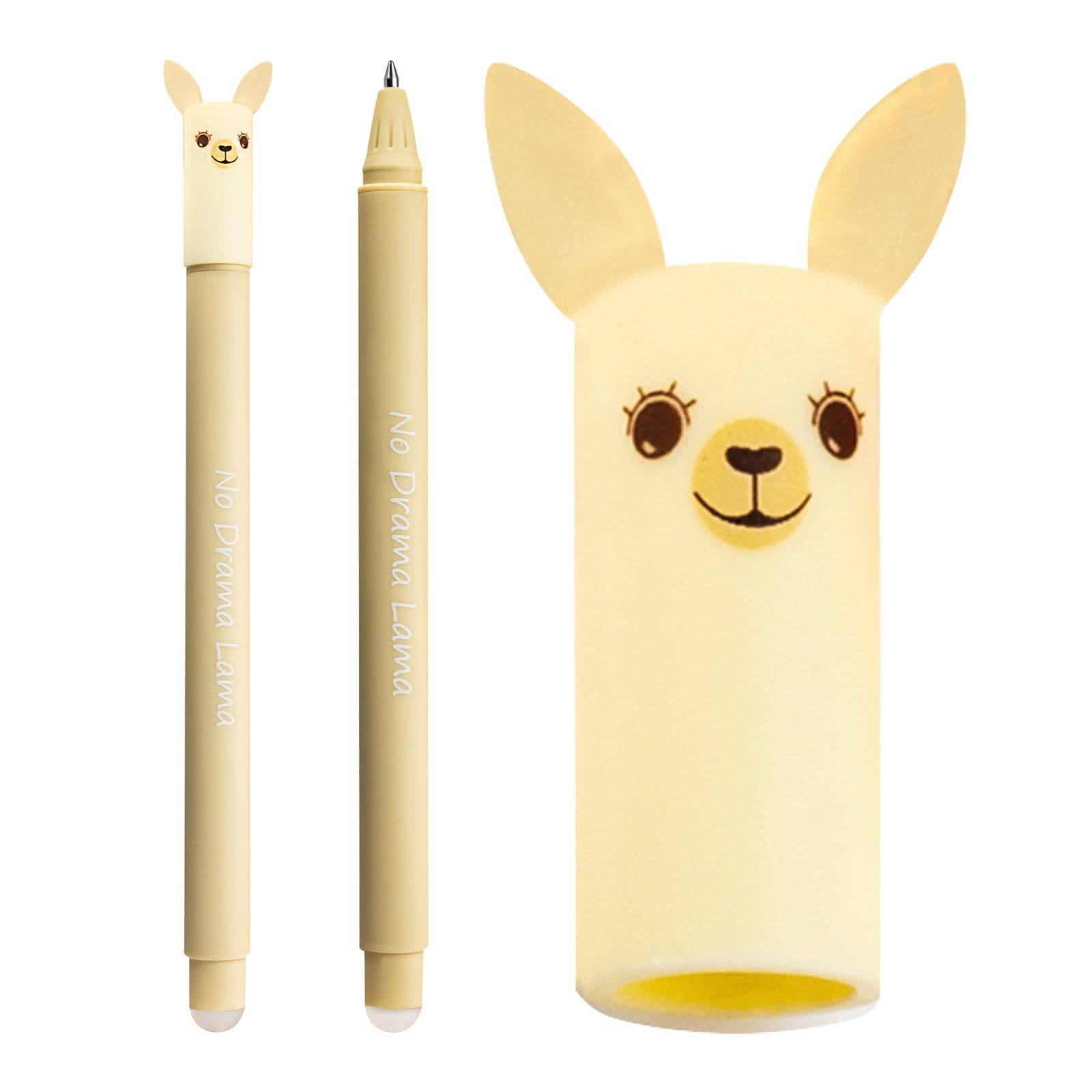 Cremefarbener Lama-Stift und passendes Etui, dargestellt als zwei Stifte und ein großer tierförmiger Behälter mit Ohren und Gesicht.