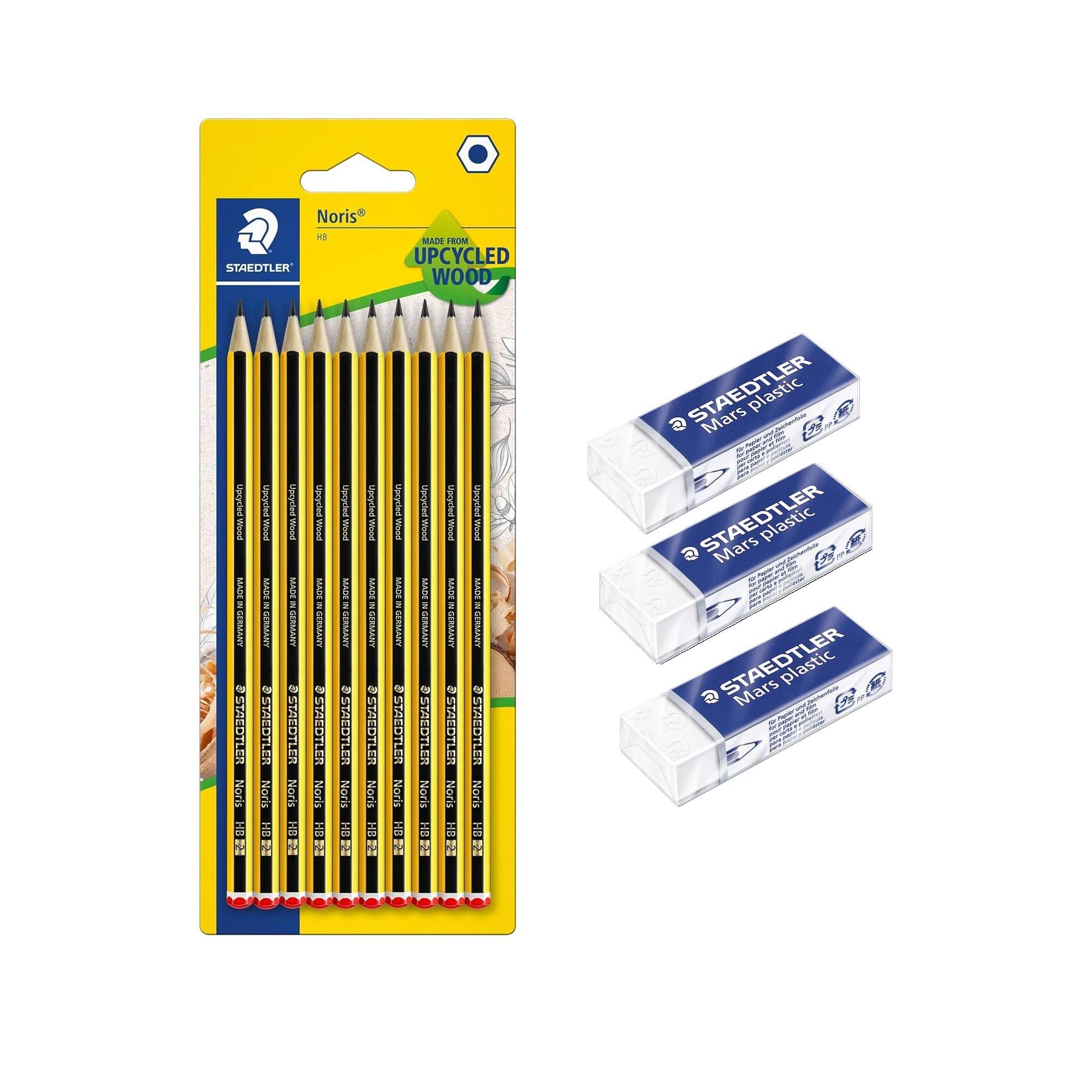 Staedtler Noris Bleistiftstift-Set in gelber Verpackung neben drei Staedtler Mars Kunststoffradierer auf weißem Hintergrund.