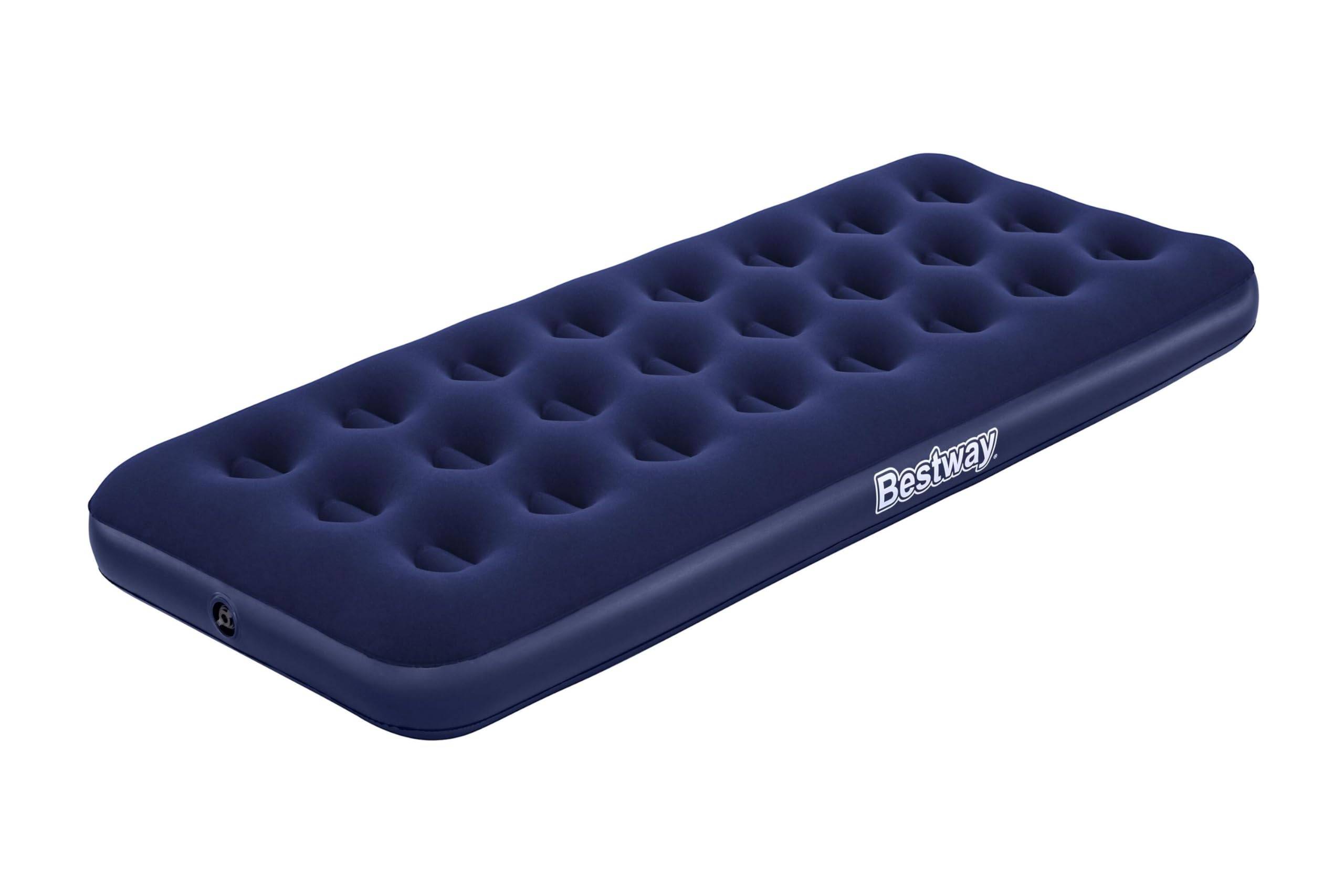 Blaue aufblasbare Luftmatratze mit Flockoberfläche und eingebautem Seitenventil, abgebildet auf weißem Hintergrund.