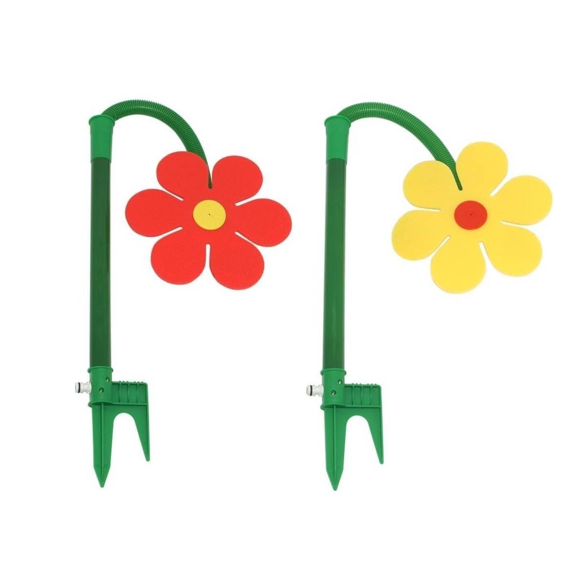 Zwei farbenfrohe blumenförmige Gartensteck-Dekorationen mit grünen Stielen und gebogenen Armen, eine rote und eine gelbe, auf weißem Hintergrund.