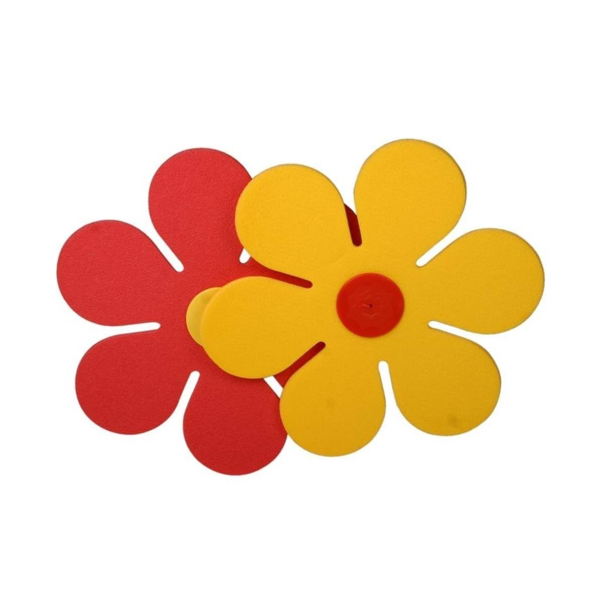 Zwei sich überlappende stilisierte Papierblumen, eine rote und eine gelbe, auf weißem Hintergrund.