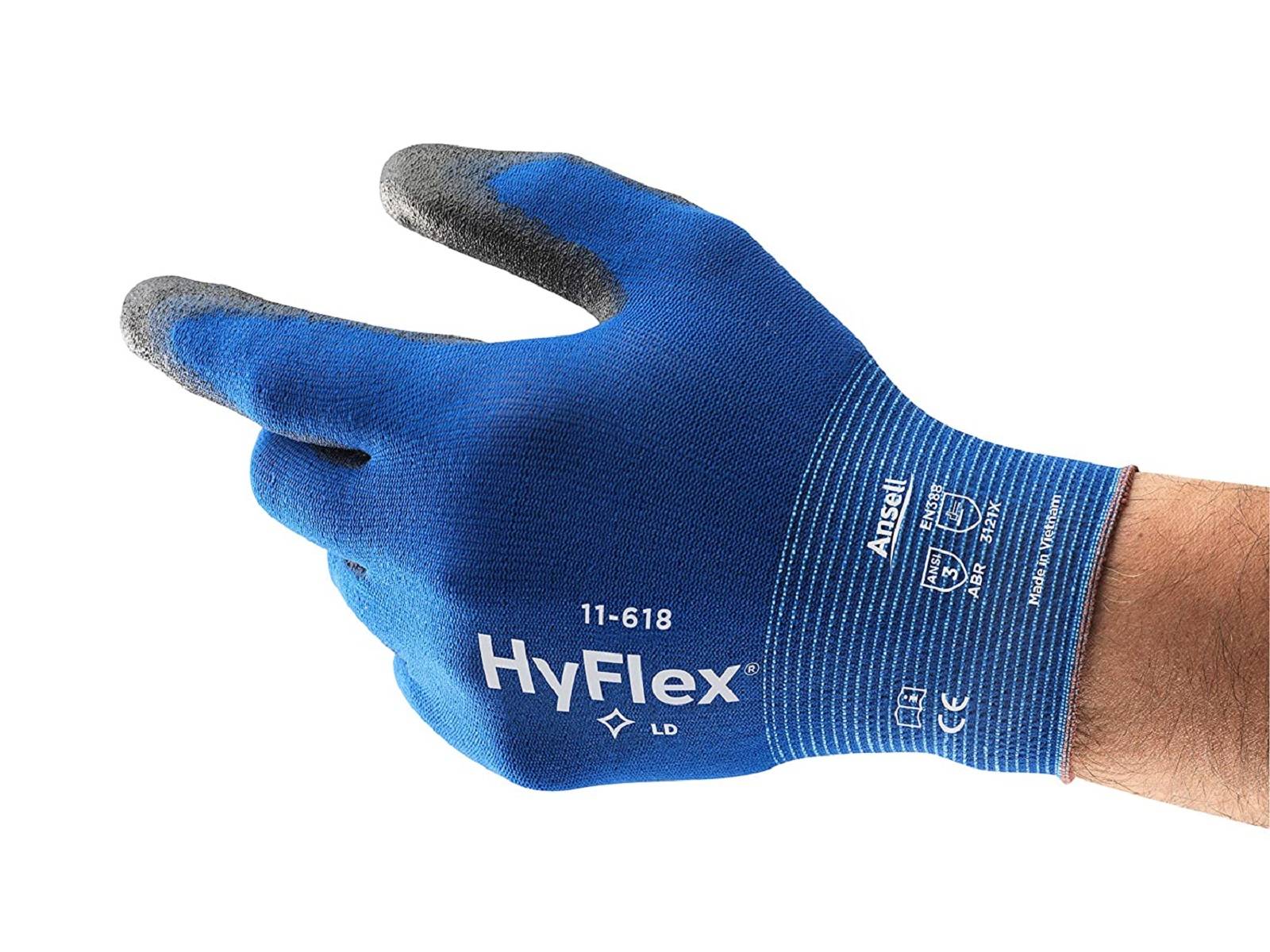 Blauer HyFlex-Sicherheitshandschuh, der an einer Hand getragen wird, mit grauen strukturierten Fingerkuppen und sichtbarem Handgelenk-Branding vor weißem Hintergrund.