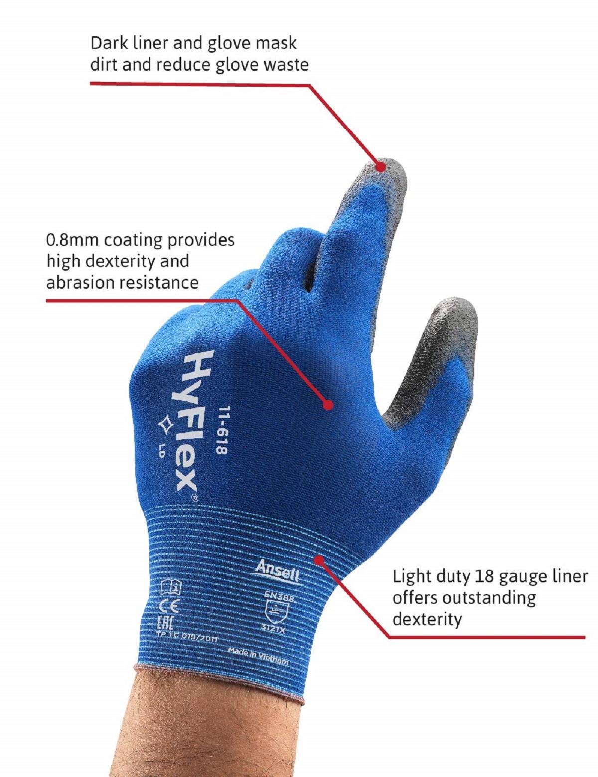 Blaue Ansell HyFlex Arbeitshandschuh mit grauen Fingerspitzen, gekennzeichnet als leichte 18er-Baumwolle mit 0,8-mm-Beschichtung für Geschicklichkeit, Verschleißfestigkeit und reduzierten Schmutz und Handschuhverschleiß.