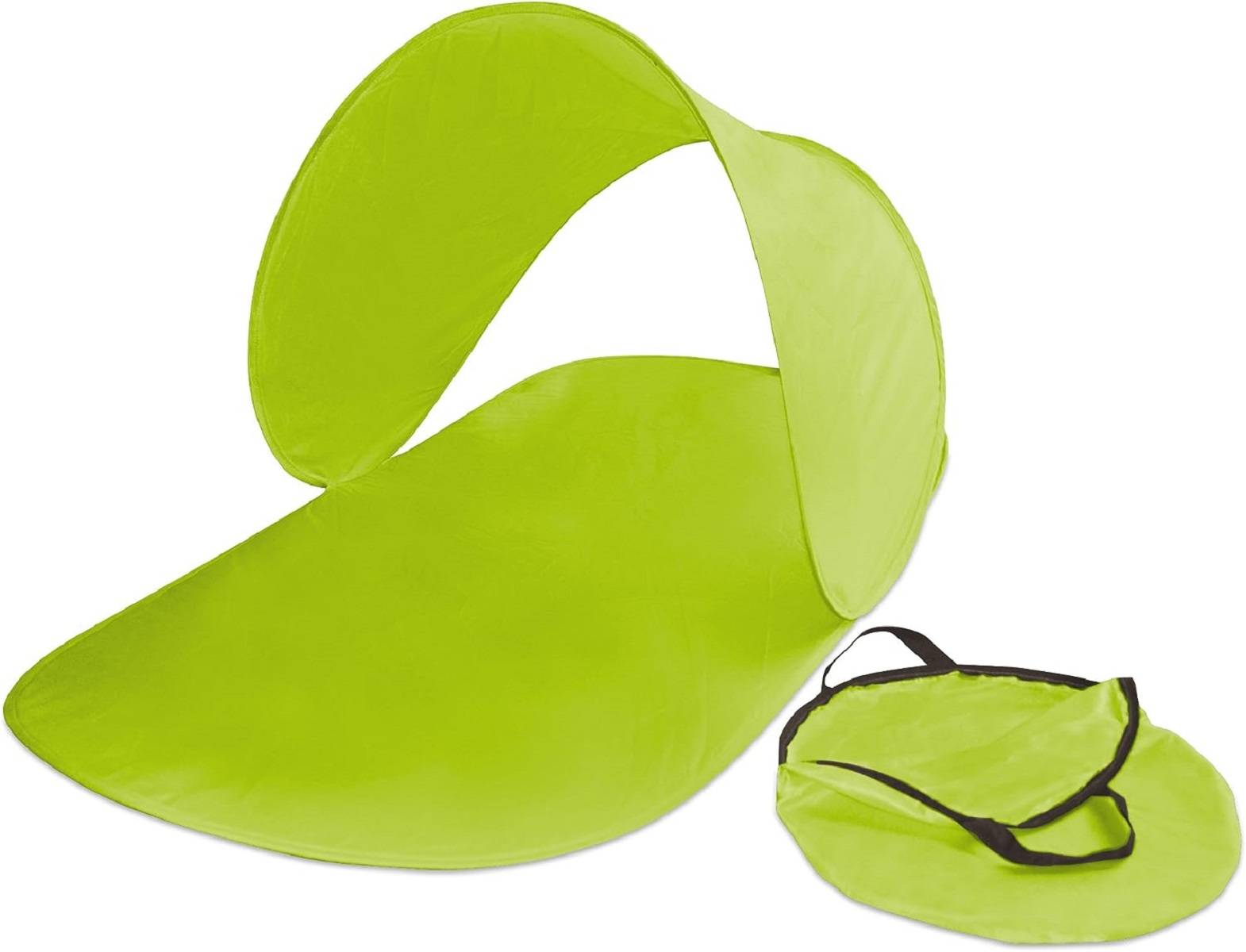 Grüner Klappstuhl aus Netzstoff oder Sonnenschirm-Set mit passendem, zusammengefalteter Tragetasche auf weißem Hintergrund.