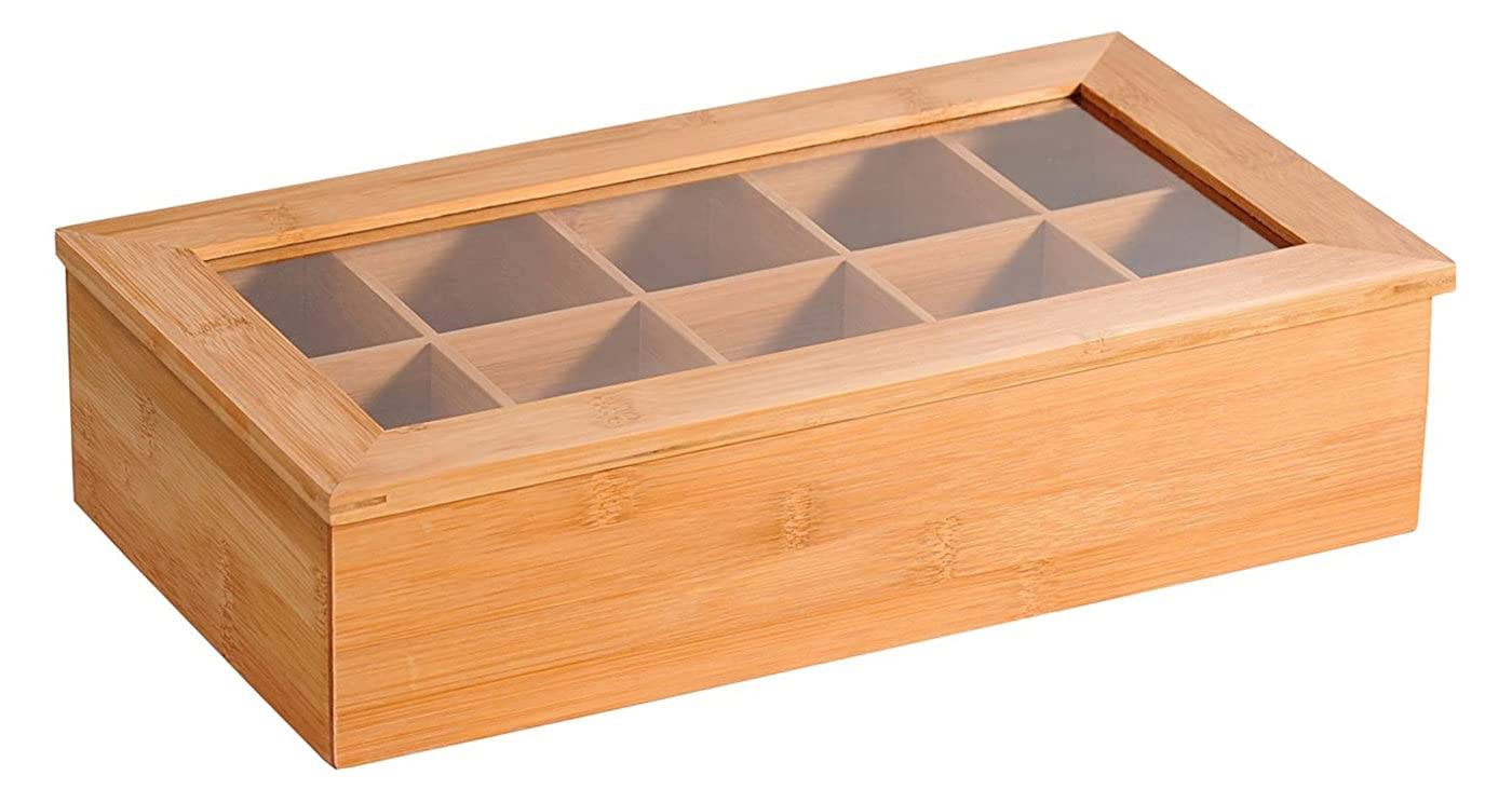 Holzlagerbox mit aufklappbarem Glasdeckel und geteilten Fächern zur Organisierung von Kleinteilen, gezeigt auf weißem Hintergrund.