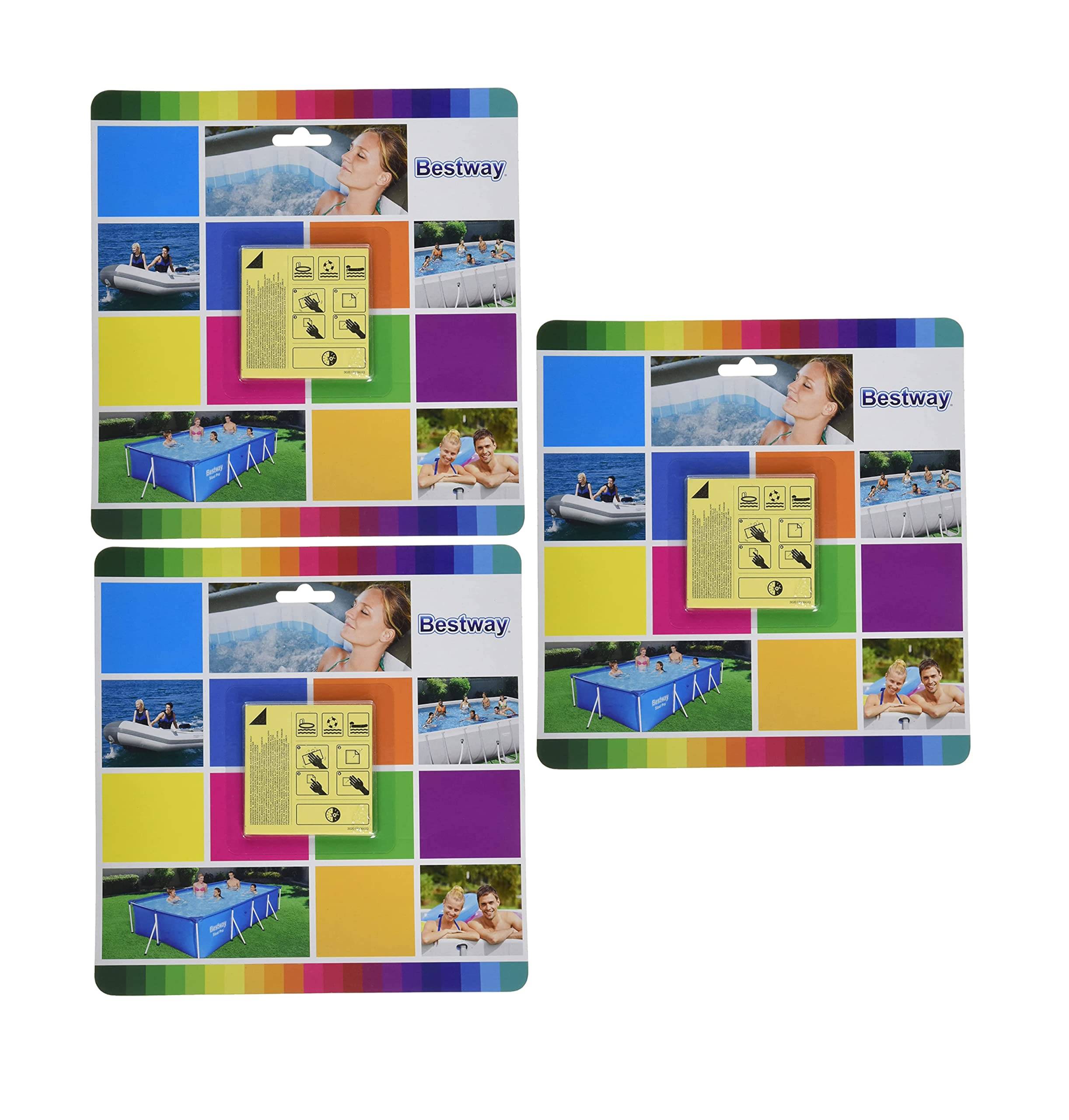 Drei Bestway-Produktpakete in einer farbenfrohen Collage dargestellt, jedes zeigt einen aufblasbaren Pool mit enthaltener Pumpe und Zubehör.