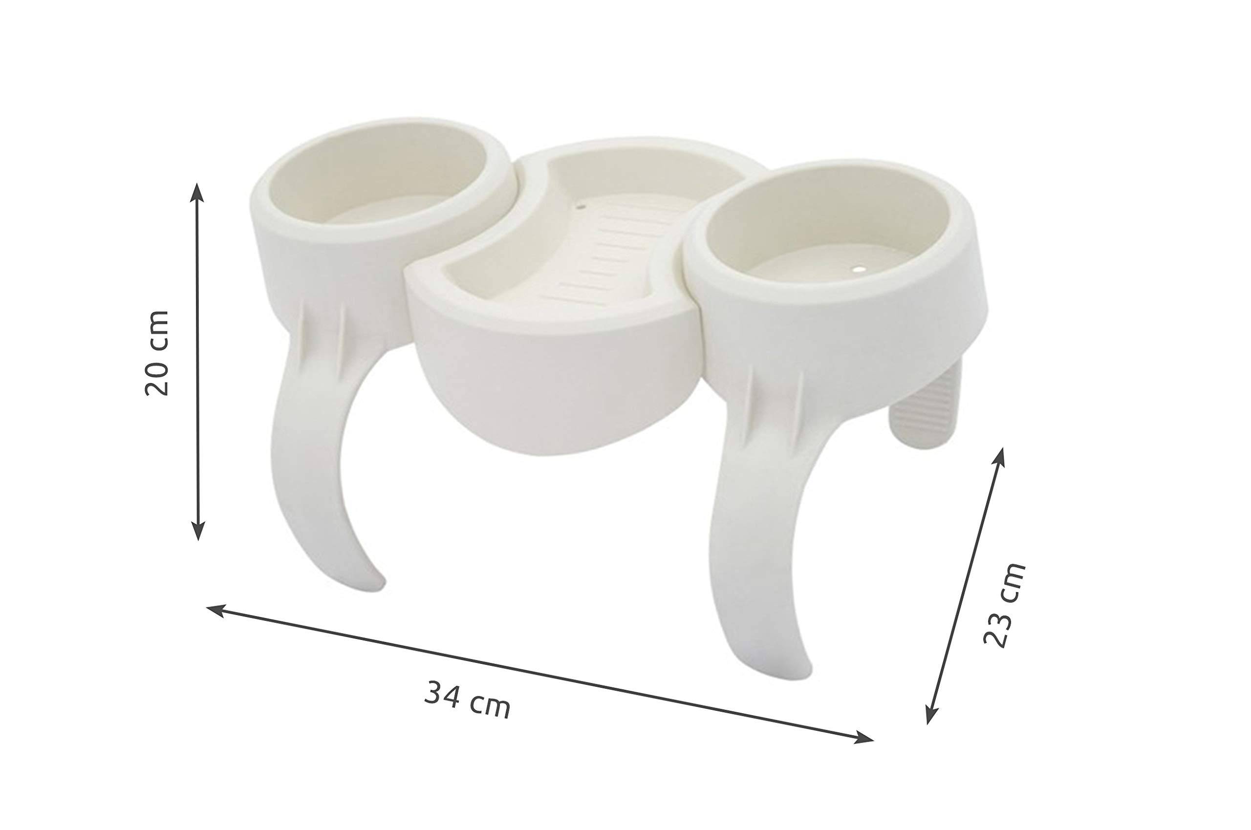 Weißer Dreierbecher-Ständer mit zwei gebogenen Beinen, gezeigt mit den Abmessungen 34 cm breit, 23 cm tief und 20 cm hoch.