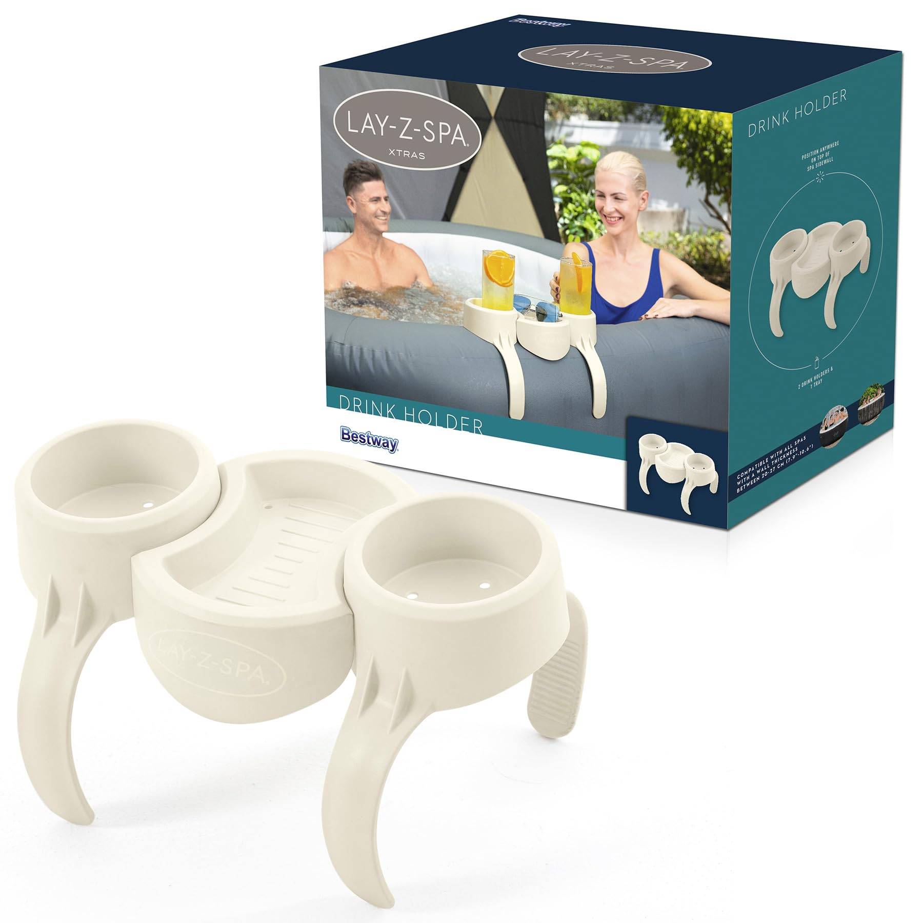 Produktfoto eines Lay-Z-Spa-Getränkehalters mit zwei Becherplätzen und einem Tablett, gezeigt vor seiner Einzelhandelsverpackung.