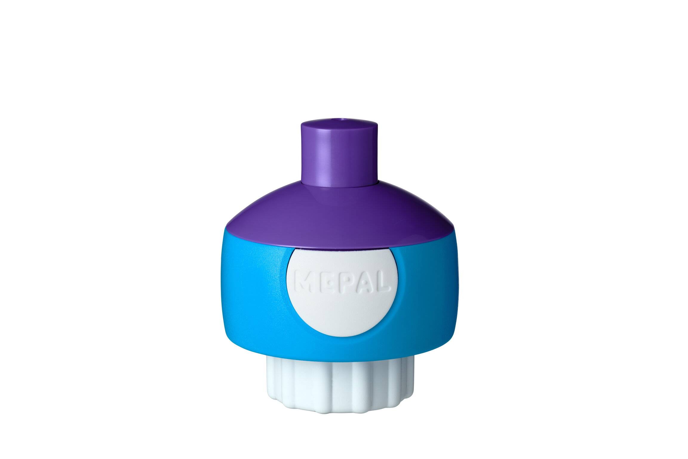 Eine farbenfrohe Kunststoffflasche oder ein Kunststoffbehälter mit violettem Deckel, blauem Körper und weißer gerippter Basis, vor weißem Hintergrund gezeigt.