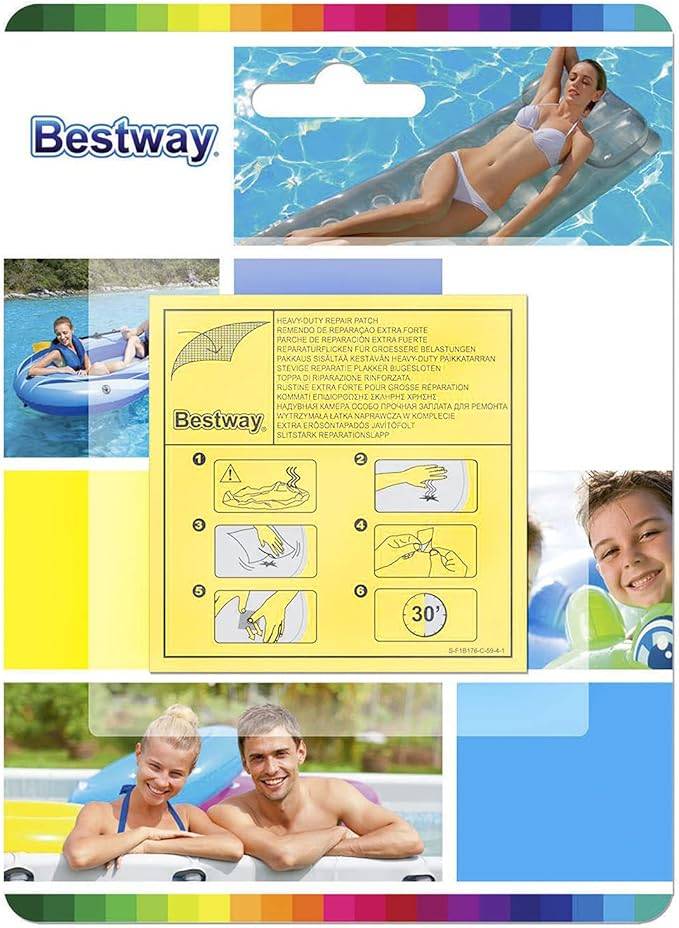 Bestway aufblasbares Pool-Floatpaket mit Modellfotos und gelbem Anleitung-Panel, das Einrichtungsschritte und 30-minütige Aufblasdauer zeigt.