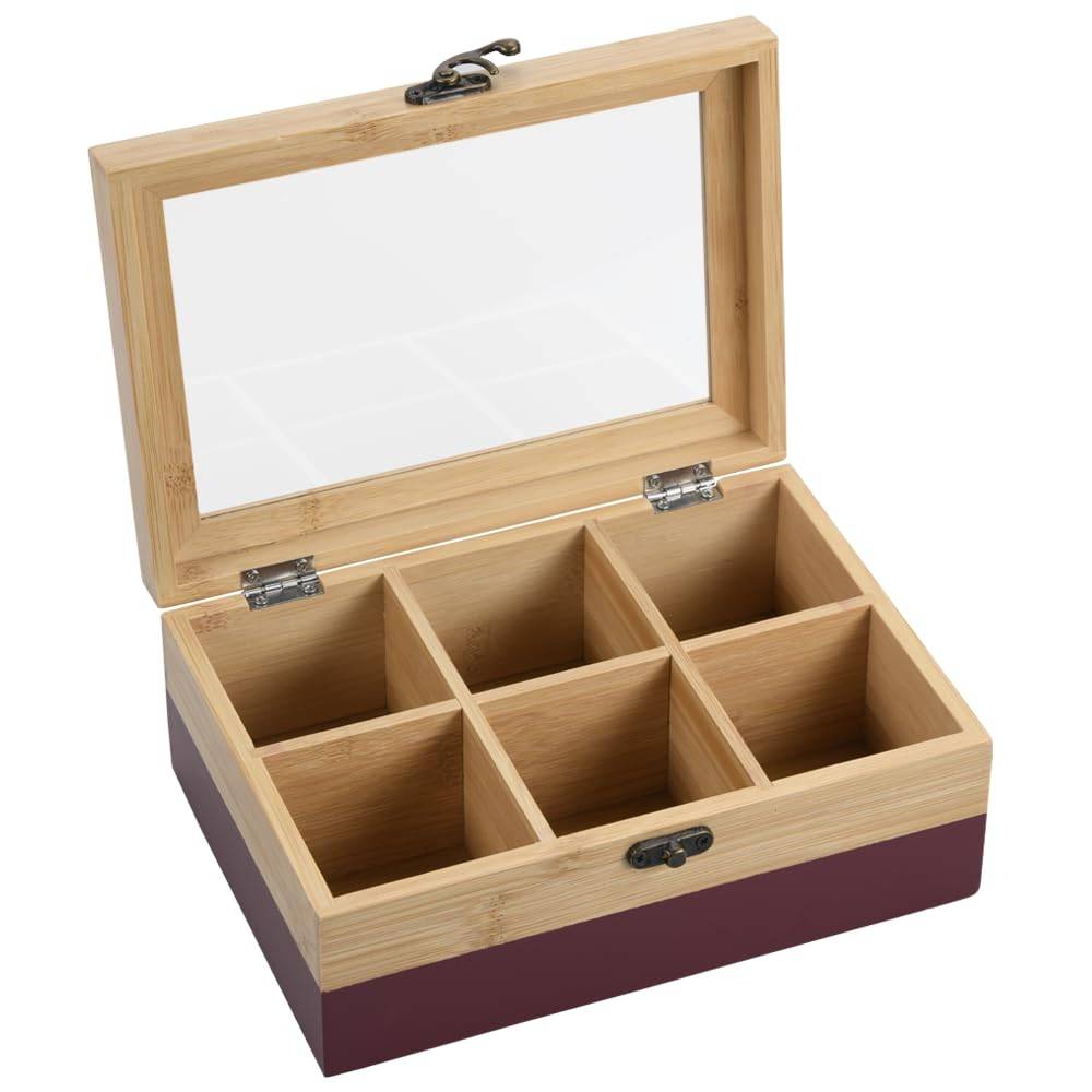 Offene Bambusbox mit Glasedeckel, unterteilt in sechs Fächer zur Aufbewahrung kleiner Gegenstände.