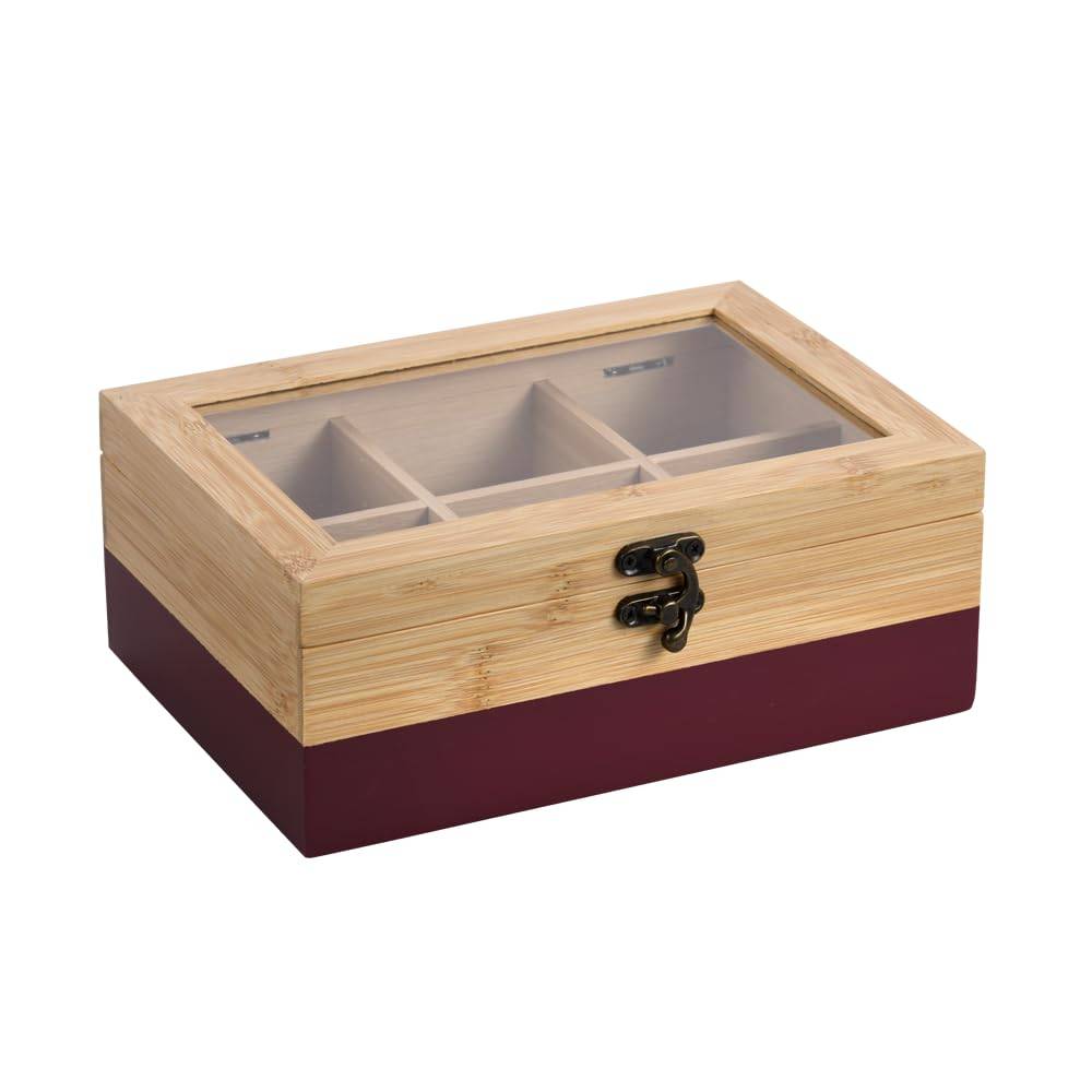 Bambusaufbewahrungsbox mit transparentem Deckel und unterteiltem Innenraum in einer burgunderfarbenen Basis.