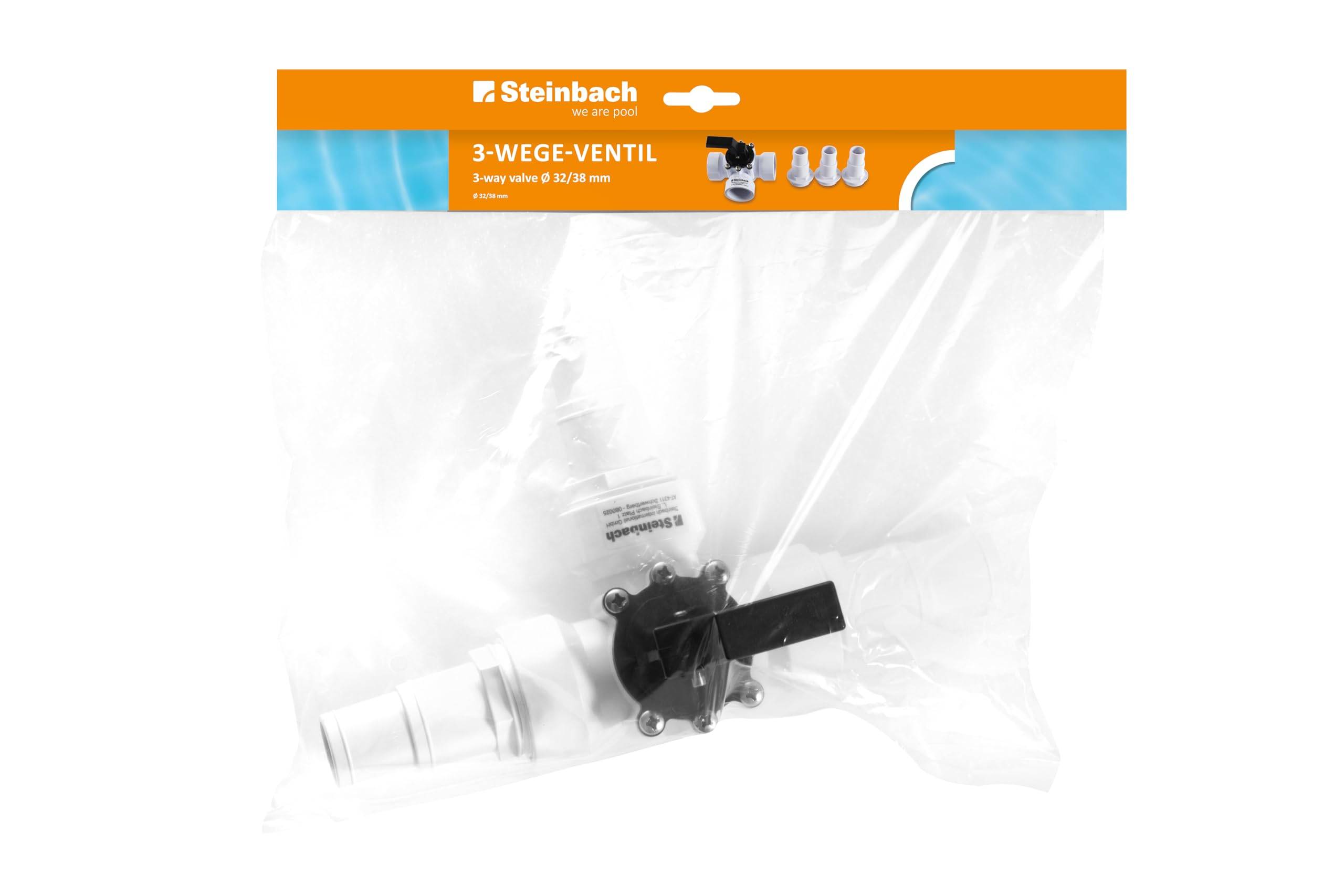 Verpackter Steinbach 3-Wege-Ventilarmatur in einer durchsichtigen Plastiktüte mit orangefarbener Kopfkarte.