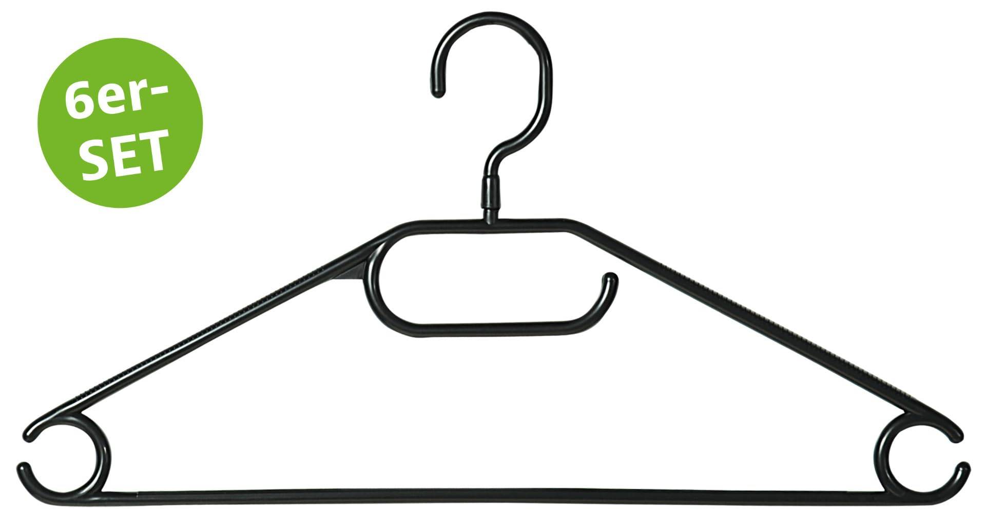 Satz von sechs schwarzen Kleiderbügeln mit Haken und breiten Schultern, dargestellt als Produktbild mit grünem '6er-SET' Etikett.