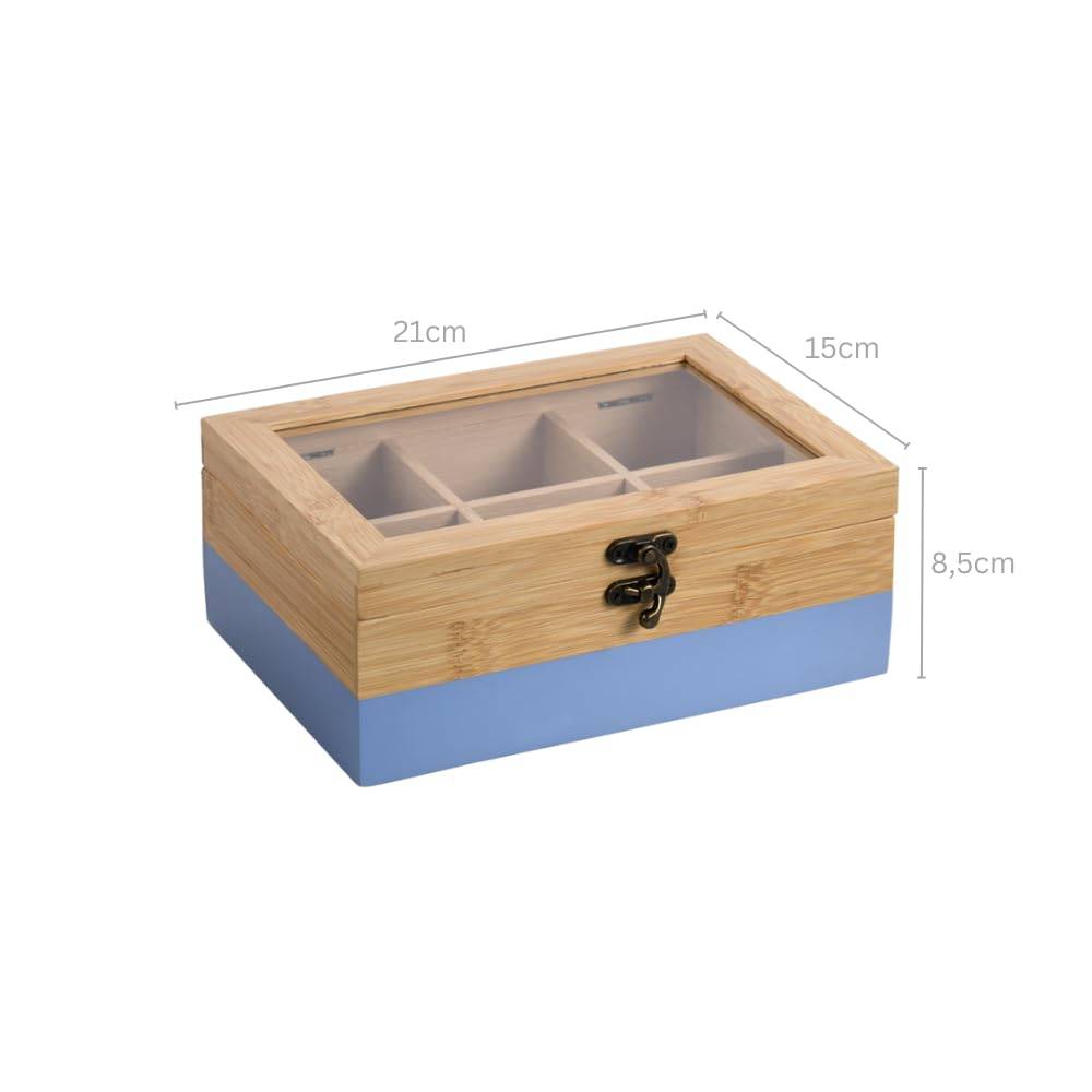 Holzlagerbox mit transparentem Deckel und Metallverschluss, unterteilt in Fächer; beschriftet 21 cm mal 15 cm mal 8,5 cm.
