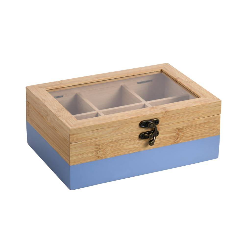 Holzlagerkasten mit transparentem Deckel und blauem Sockel, unterteilt in Fächer und mit Schnappverschluss verschlossen.
