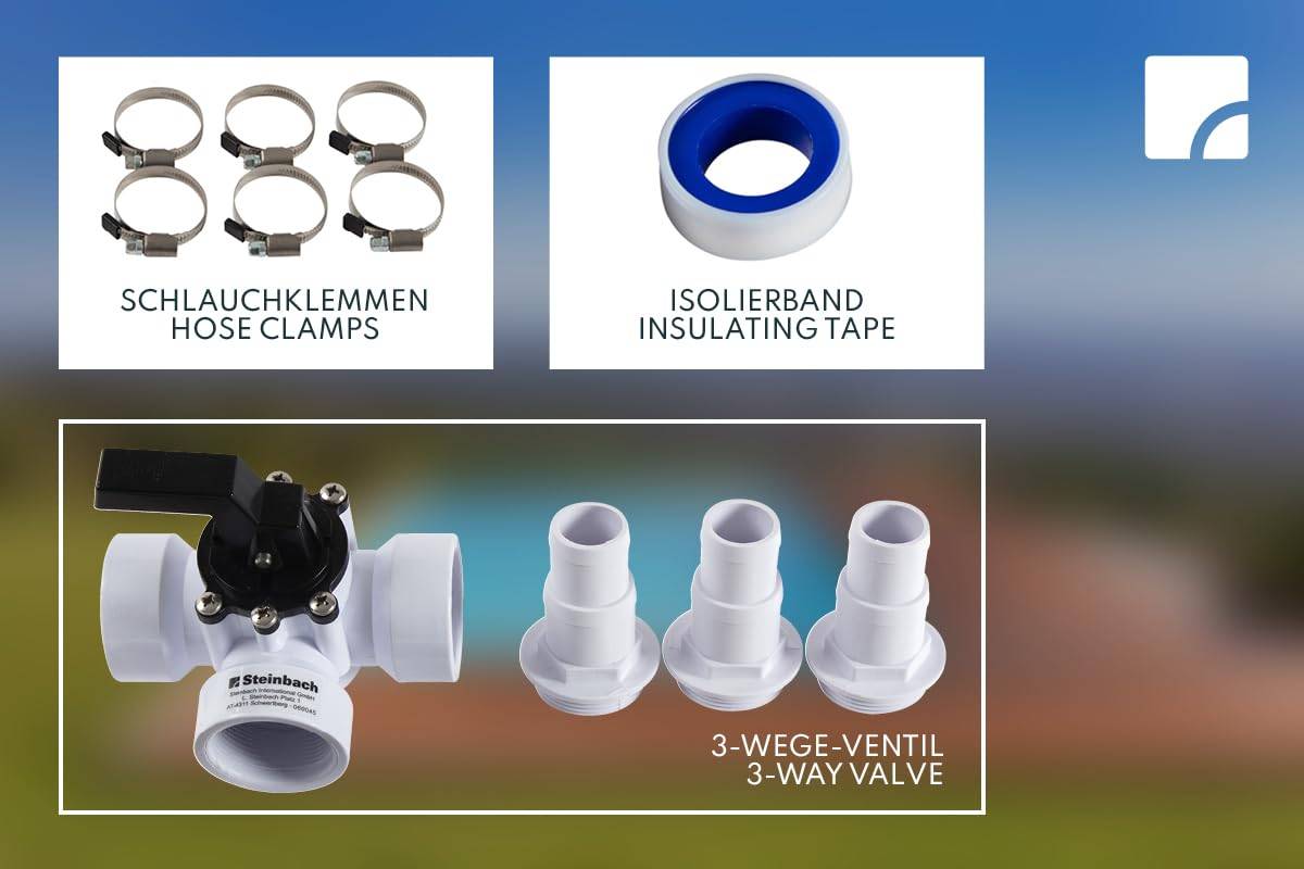 # Produktanleitung mit Schlauchschellen, Isolierband und 3-Wege-Ventil mit beschrifteten Teilen für die Montage.