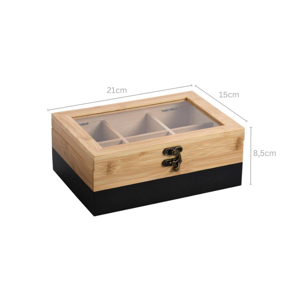 Holzlagerbox mit Glassdeckel, schwarzer Basis und Metallverschluss; geteiltes Inneres; mit Abmessungen 21 cm x 15 cm x 8,5 cm gekennzeichnet.
