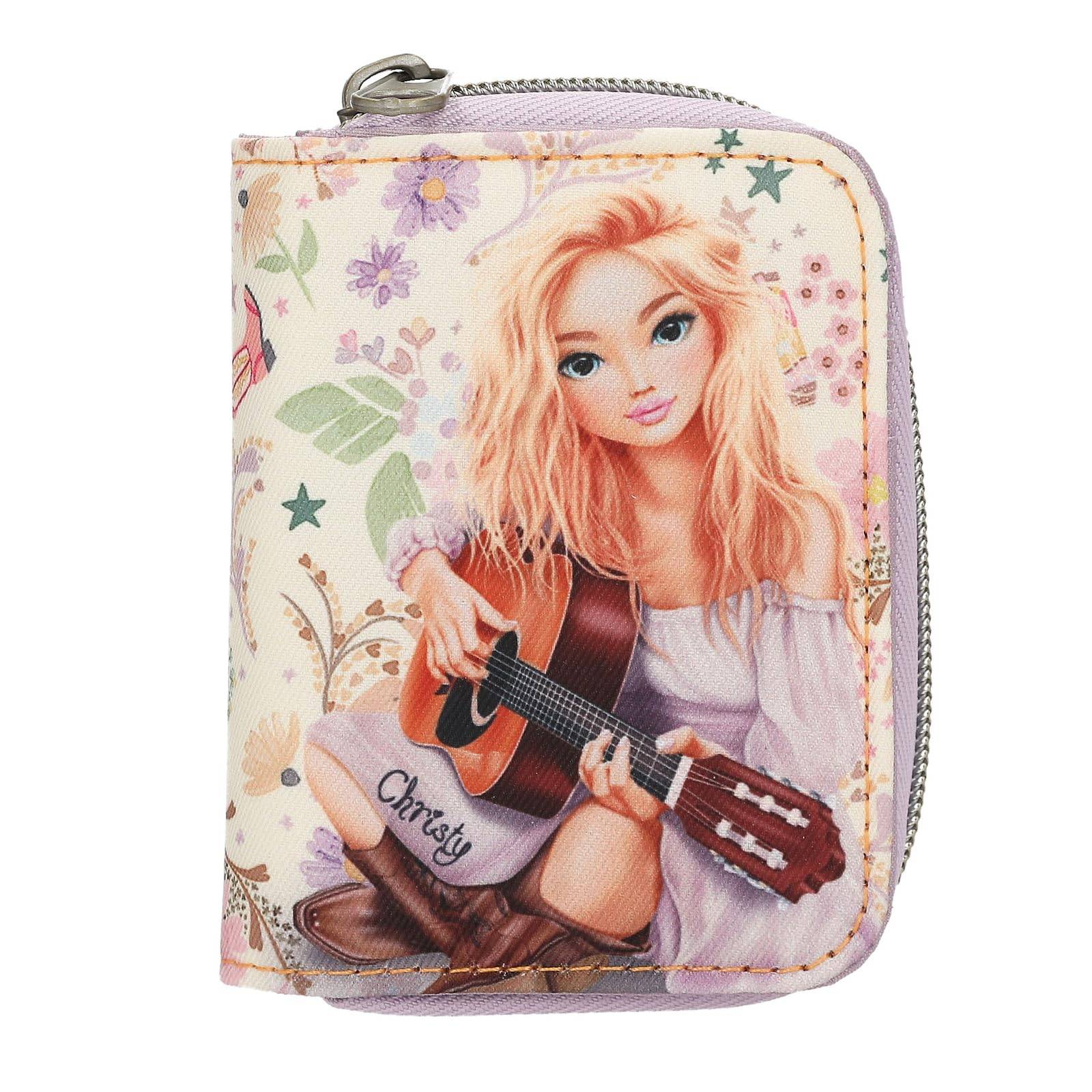 Blumiges Reißverschlussetui mit einem blonden Mädchen, das eine Akustikgitarre spielt, mit dem Namen 