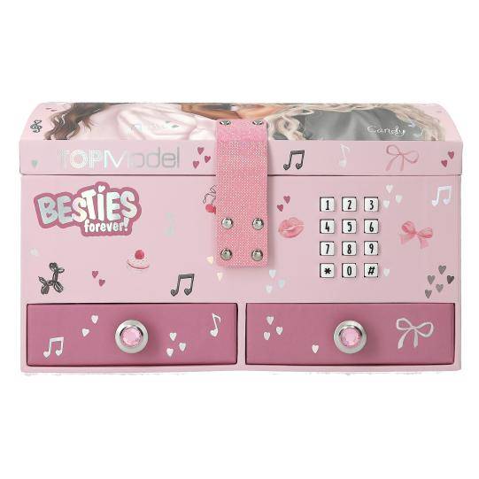 Rosa Spielzeugjuwelierkassette mit einer Schloss-ähnlichen Tastatur-Schaltfläche, Bandverschluss und „Besties forever