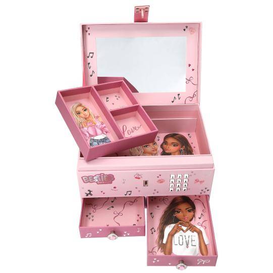 Rosa Schmuckschatulle für Kinder mit Spiegel, Tastensperre und ausziehbaren Schubladen, verziert mit Puppen und 