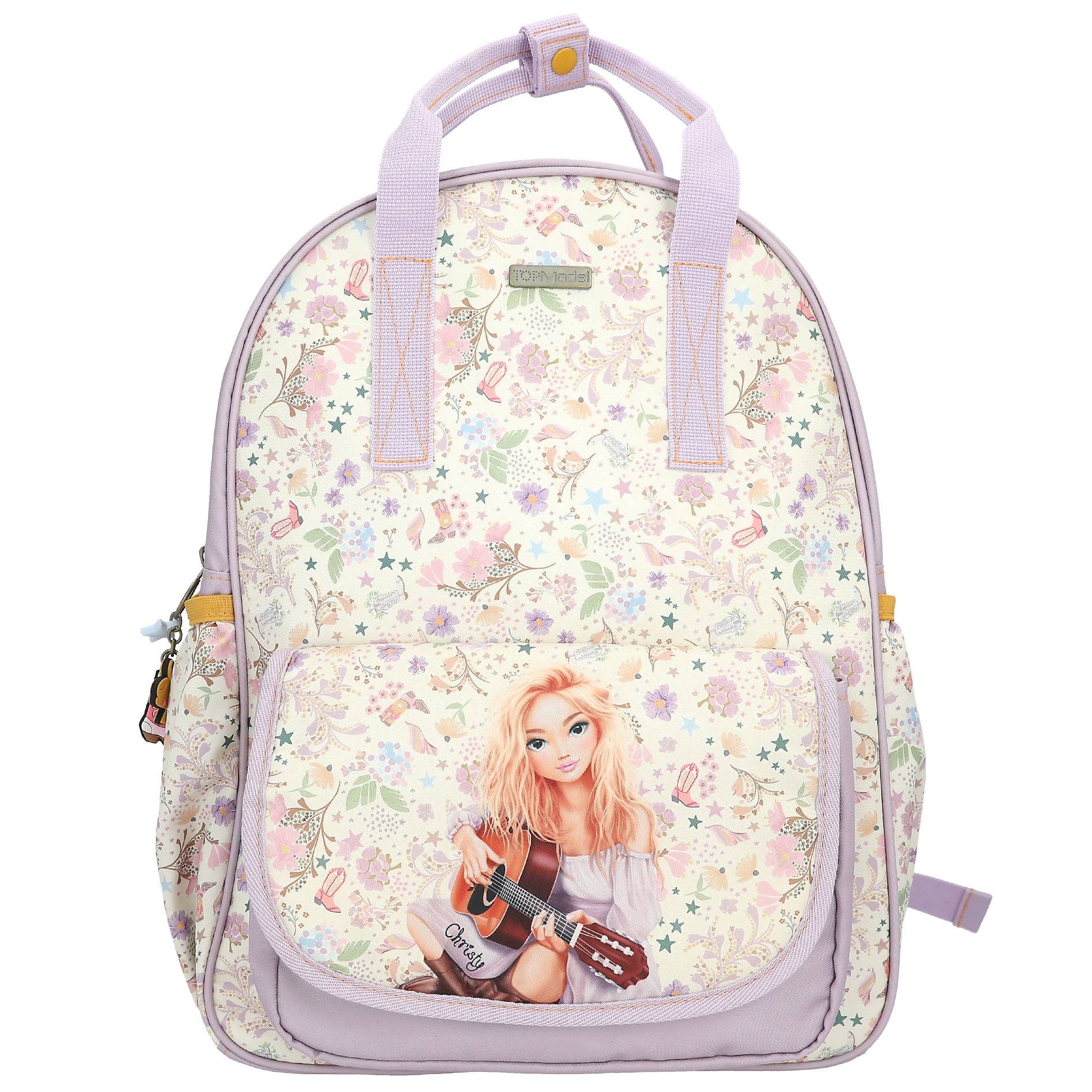 Pastellfarbener Blumenbucksack mit lavendelfarbenen Trägern und einer Vordertasche mit einer Illustration eines Mädchens, das Gitarre spielt.