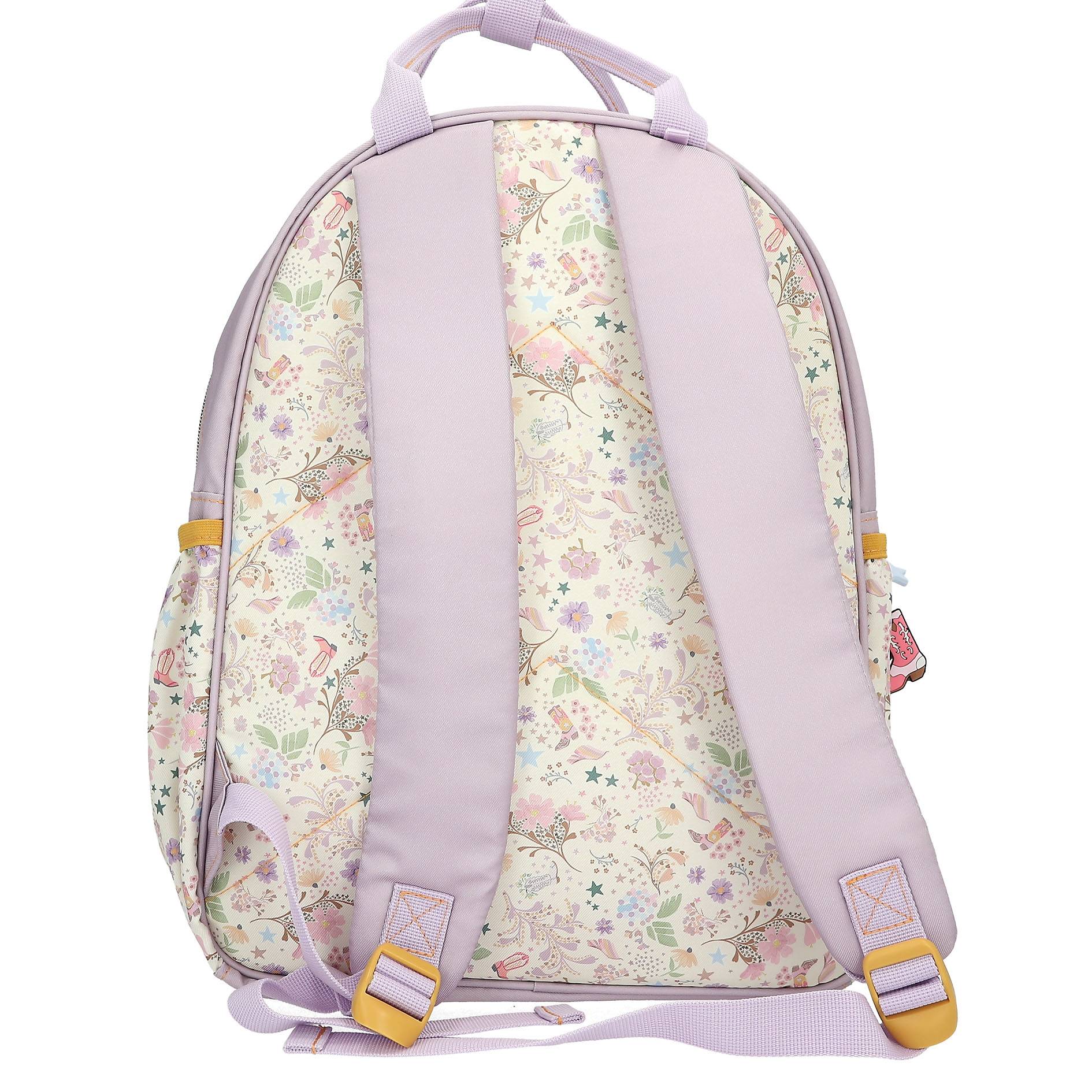 Violetter Rucksack mit blumig gemusterten Seitenflächen und Rückseite, gepolsterte Schultergurte und oberer Tragegriff auf weißem Hintergrund.