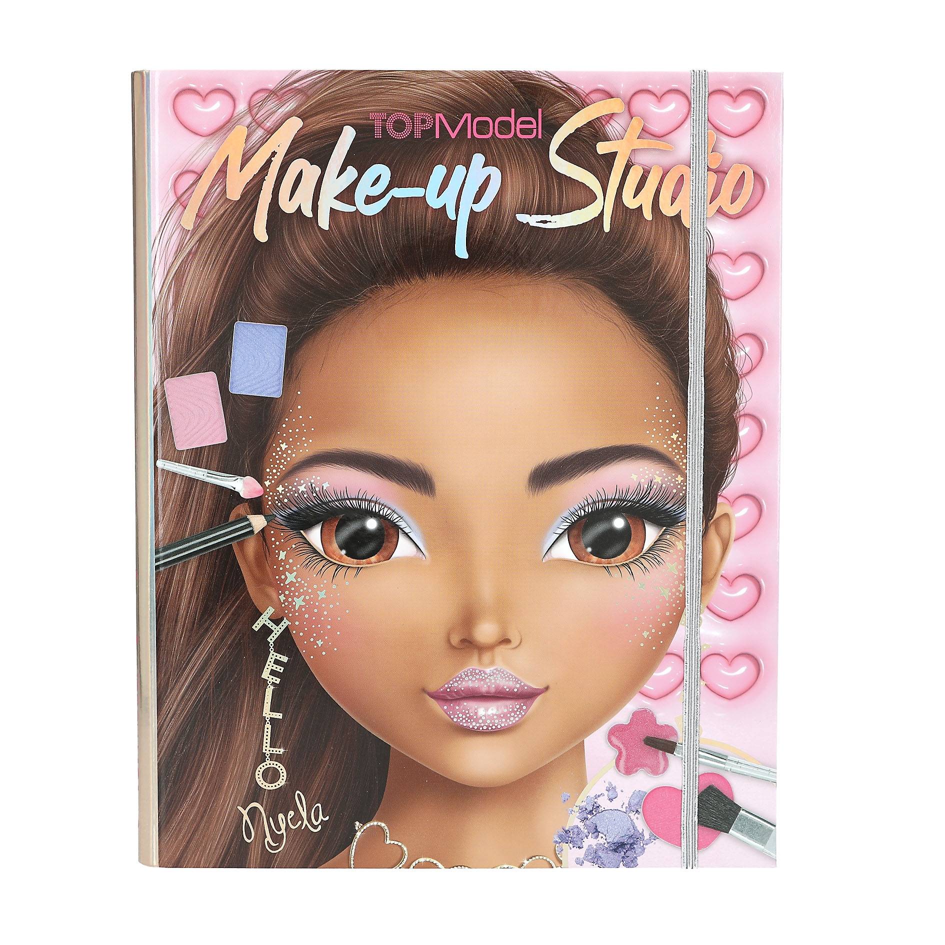 Make-up Studio Buchcover zeigt ein stilisiertes Mädchengesicht mit Makeup-Pinseln, Lidschatten-Paletten und rosafarbenen Herzdekorationen; der Titel lautet „TOPModel Make-up Studio