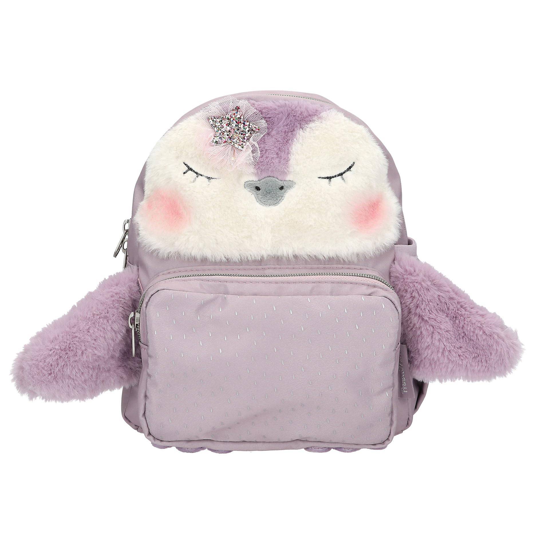 Violetter Plüsch-Kinderrucksack in Form eines schlafenden Tiergesichts mit flauschigen Armen, Vordertasche und Haarspange mit Blume.