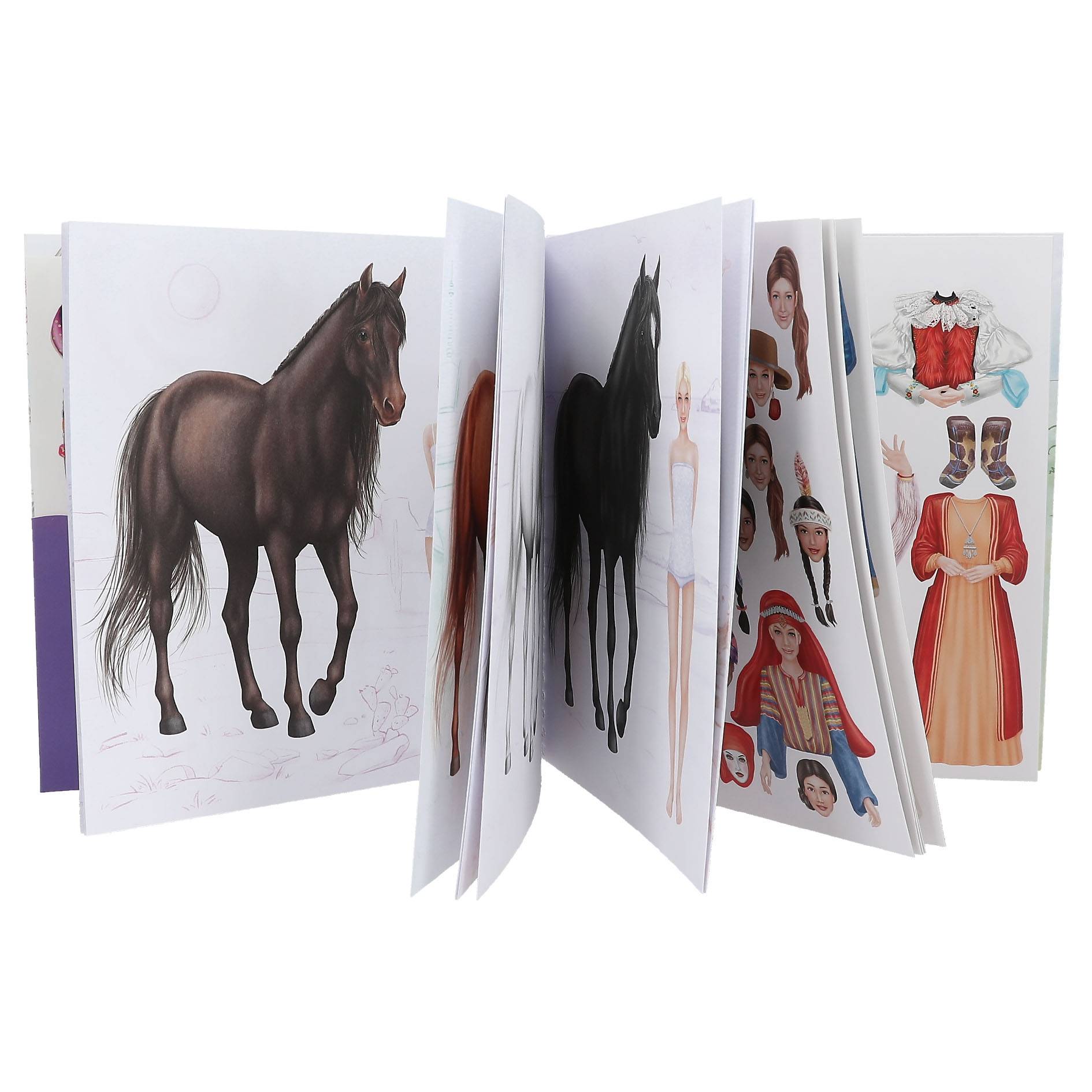 Ein aufgeschlagenes Papier-Stickerbuch mit einer Pferdeillustration und Seiten mit Anzieh-Stickern mit Kleidung, Gesichtern und Accessoires.