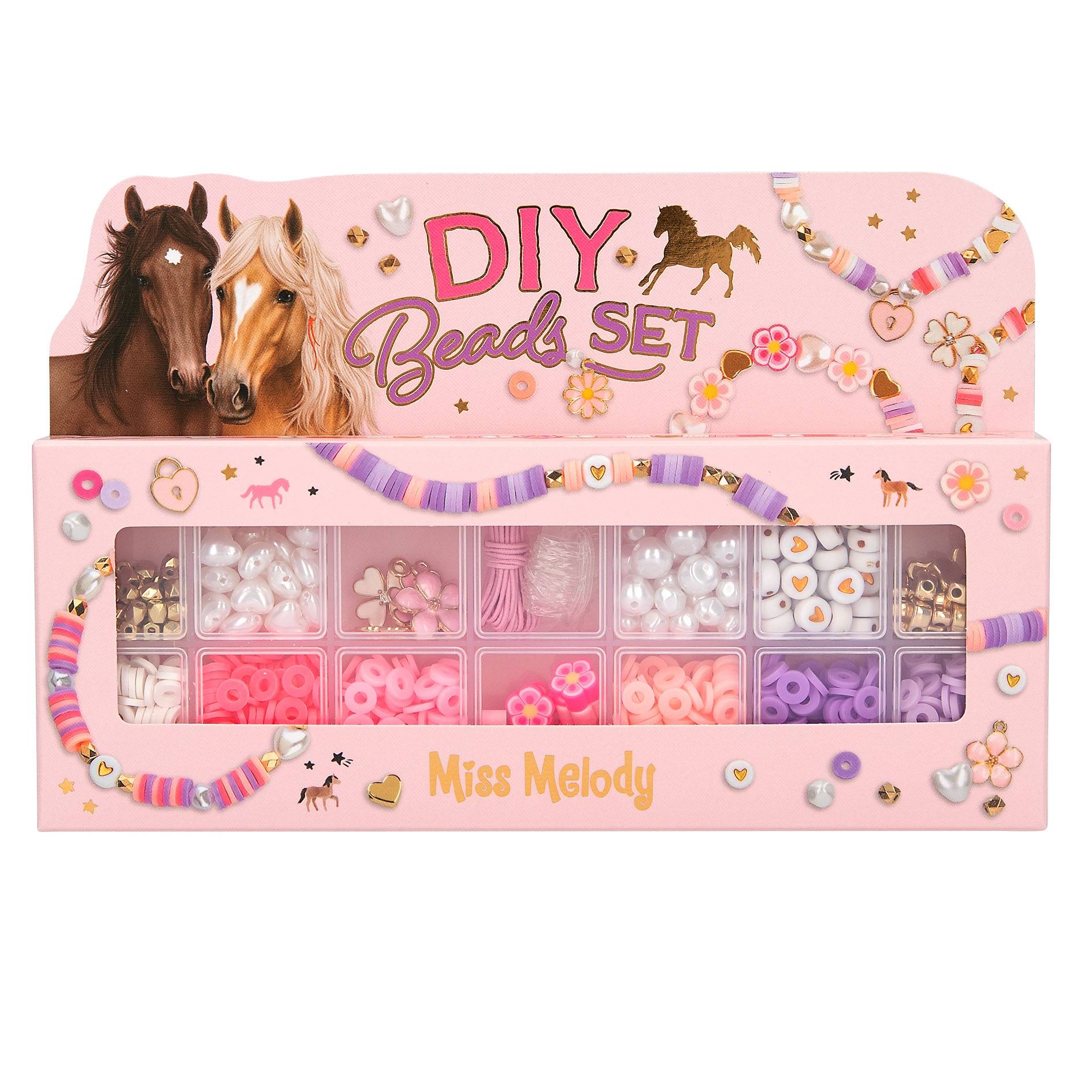 Rosa DIY-Perlensatz-Kit mit Pferdemotiv-Verpackung, zeigt sortierte Perlen, Charms und Schnur zum Herstellen von Schmuck oder Accessoires.
