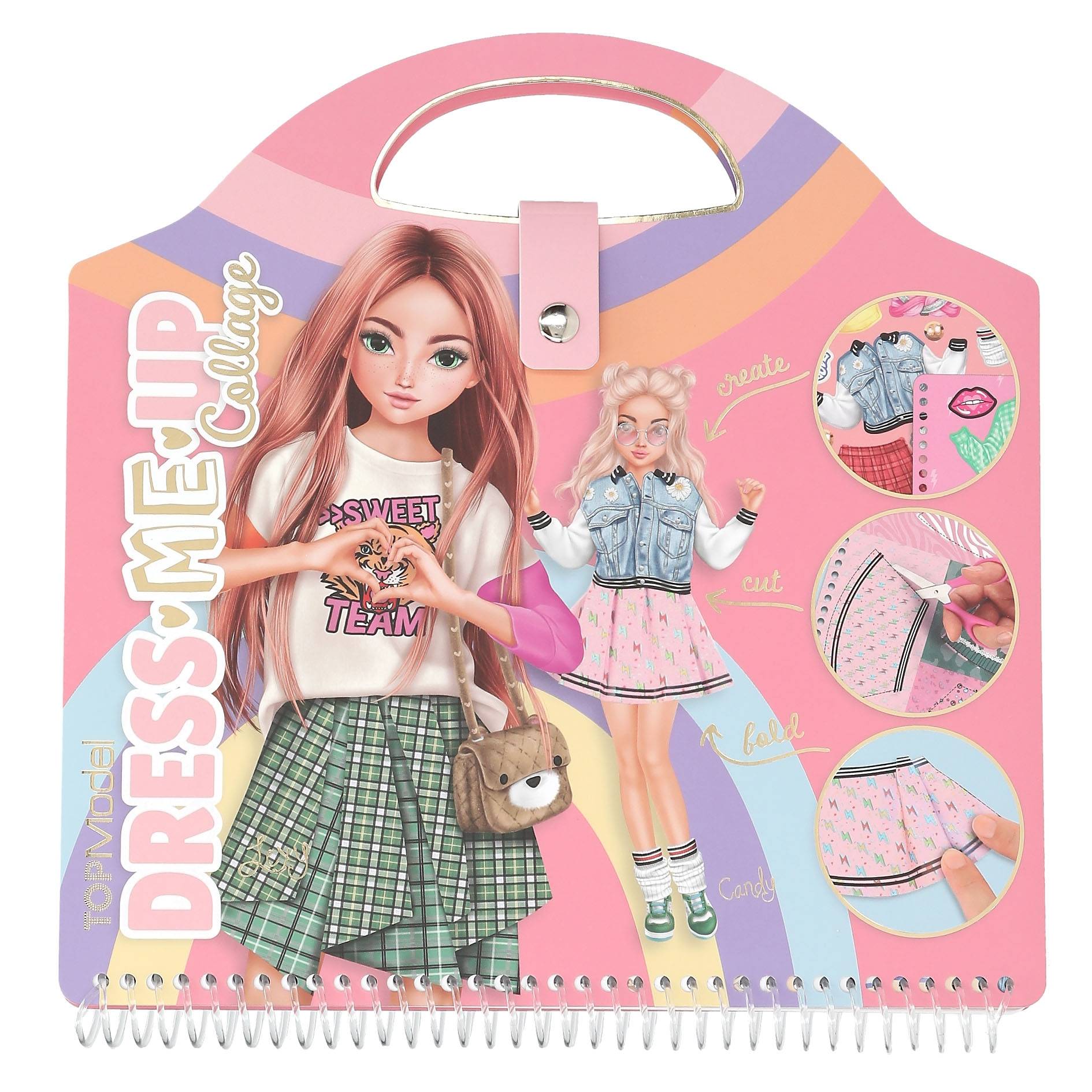 Rosa Anzieh-Design-Pad mit Fashion-Puppen-Illustration, Outfit-Inspiration und Schritt-für-Schritt-Kreisen mit den Details zum Erstellen, Ausschneiden und Gestalten.
