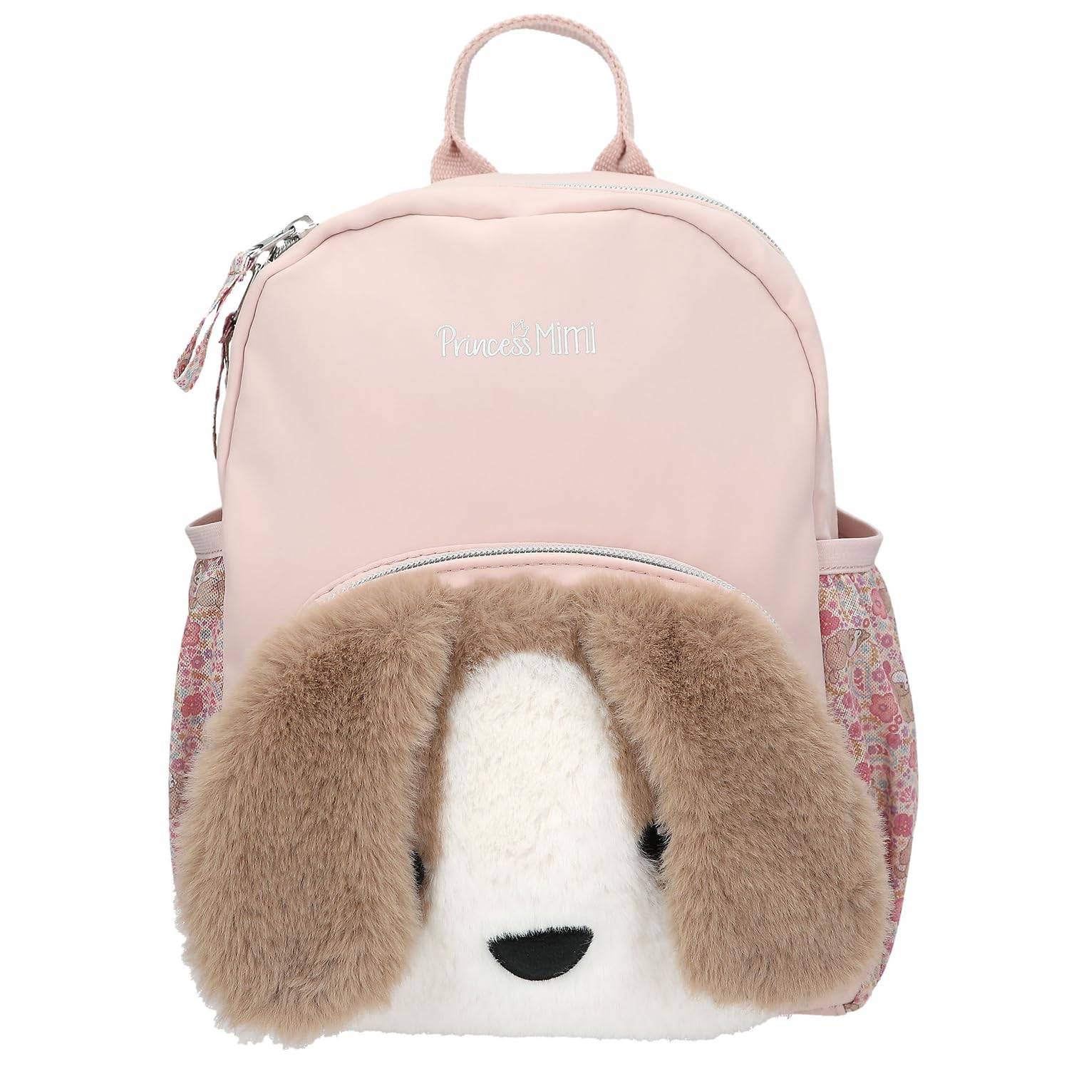 Hellrosa Rucksack mit Plüsch-Hundegesicht auf der vorderen Tasche und Blumenmuster auf den Seitentafeln, zeigt eine niedliche Schultasche für Kinder.