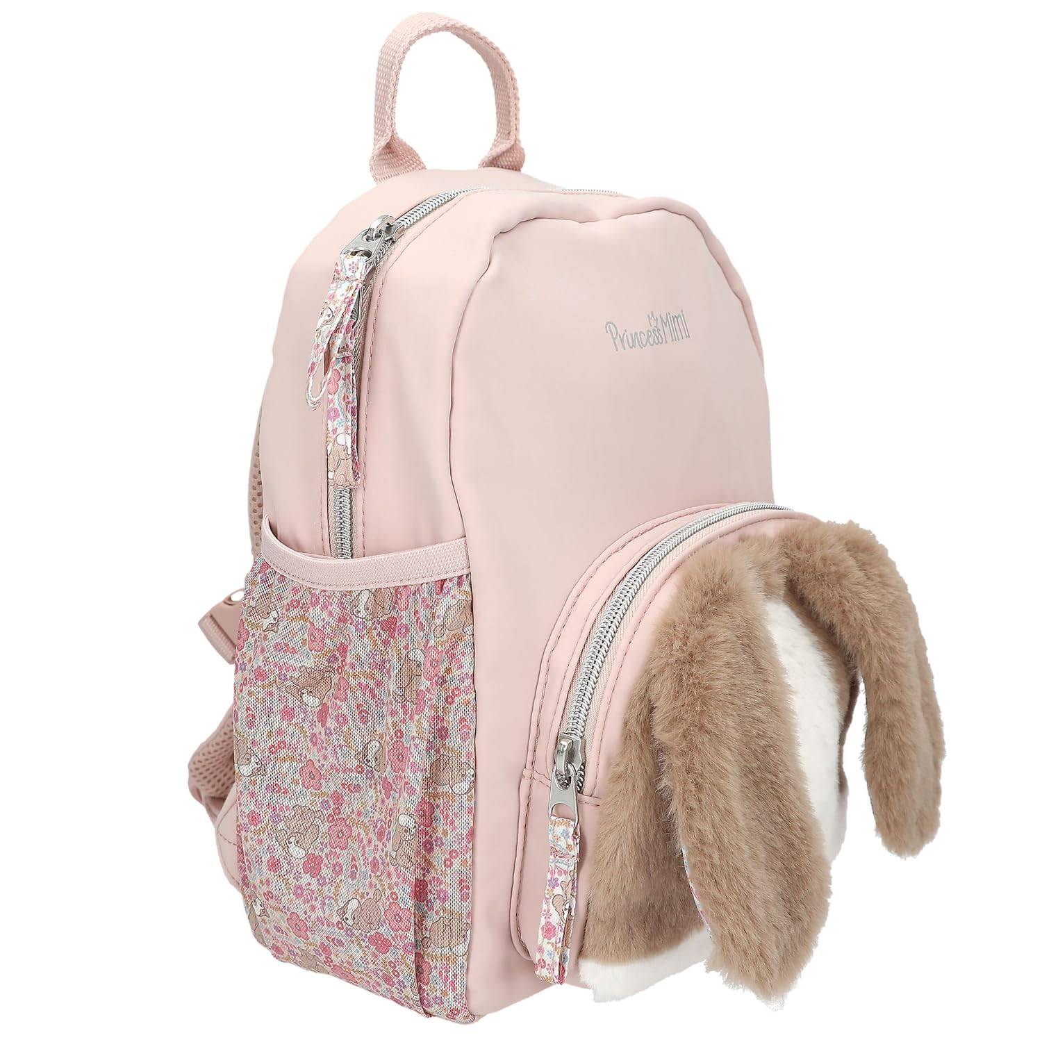 Rosa Blumen-Rucksack mit Seiten- und vorderen Reißverschlusstaschen, gezeigt mit angebrachtem flauschigem Kaninchenschwanz und Ohren, auf weißem Hintergrund.
