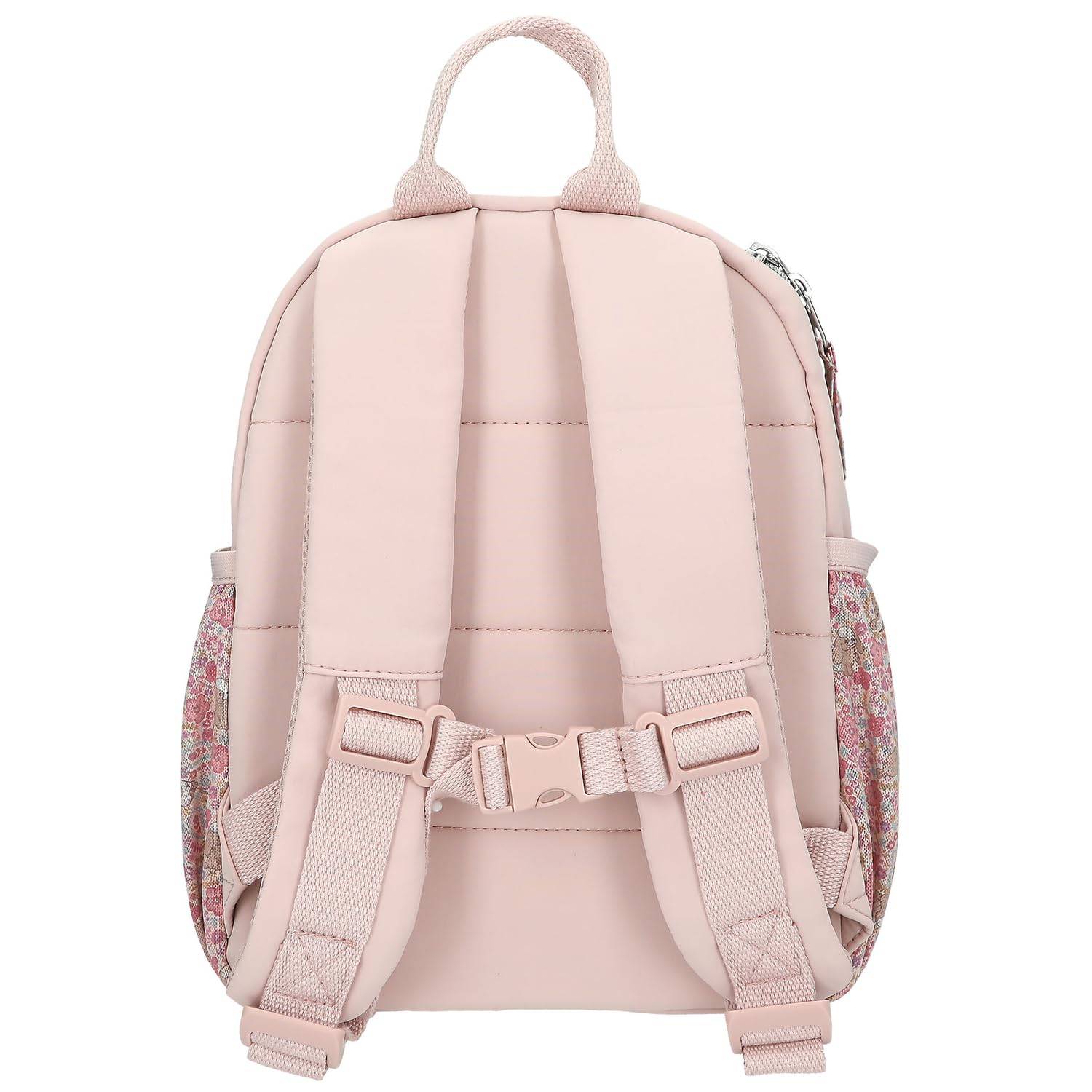 Hellrosa Rucksack von hinten gezeigt, mit gepolsterten Schultergurten, Griff oben, Seitentaschen und verstellbarem Brustgurt.