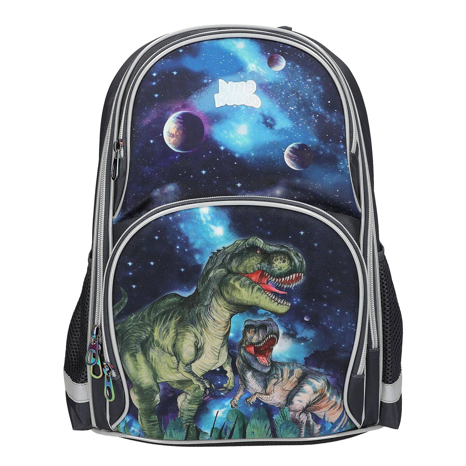 Schwarzer Rucksack mit weltraumthematischem Dinosaurier-Motiv, mit zwei T-Rex-Illustrationen vor einem Galaxie-Hintergrund.