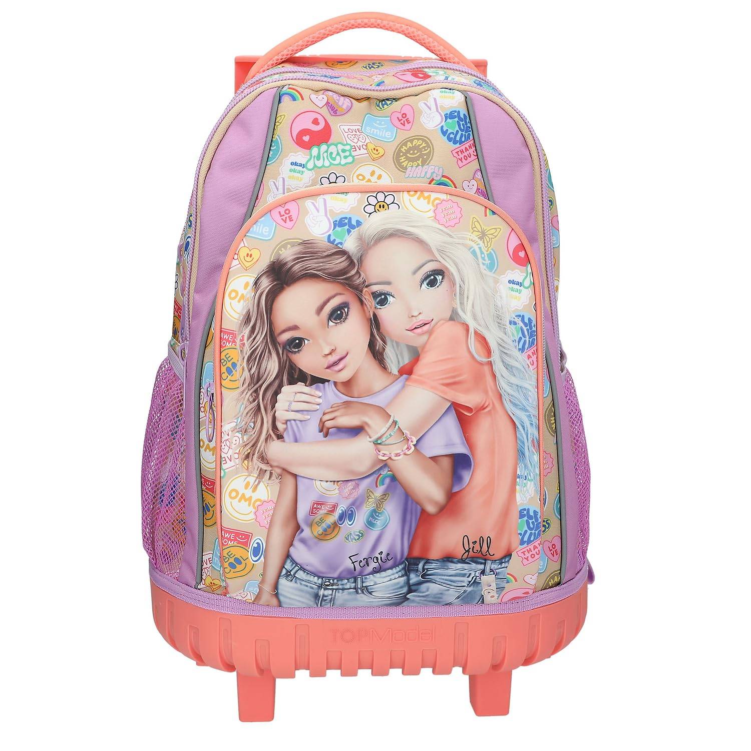 Ein bunter Kinder-Rucksack mit Rollen, auf dem vorne eine große Cartoon-Illustration von zwei sich umarmenden Mädchen abgebildet ist, und mit Netz-Seitentaschen.