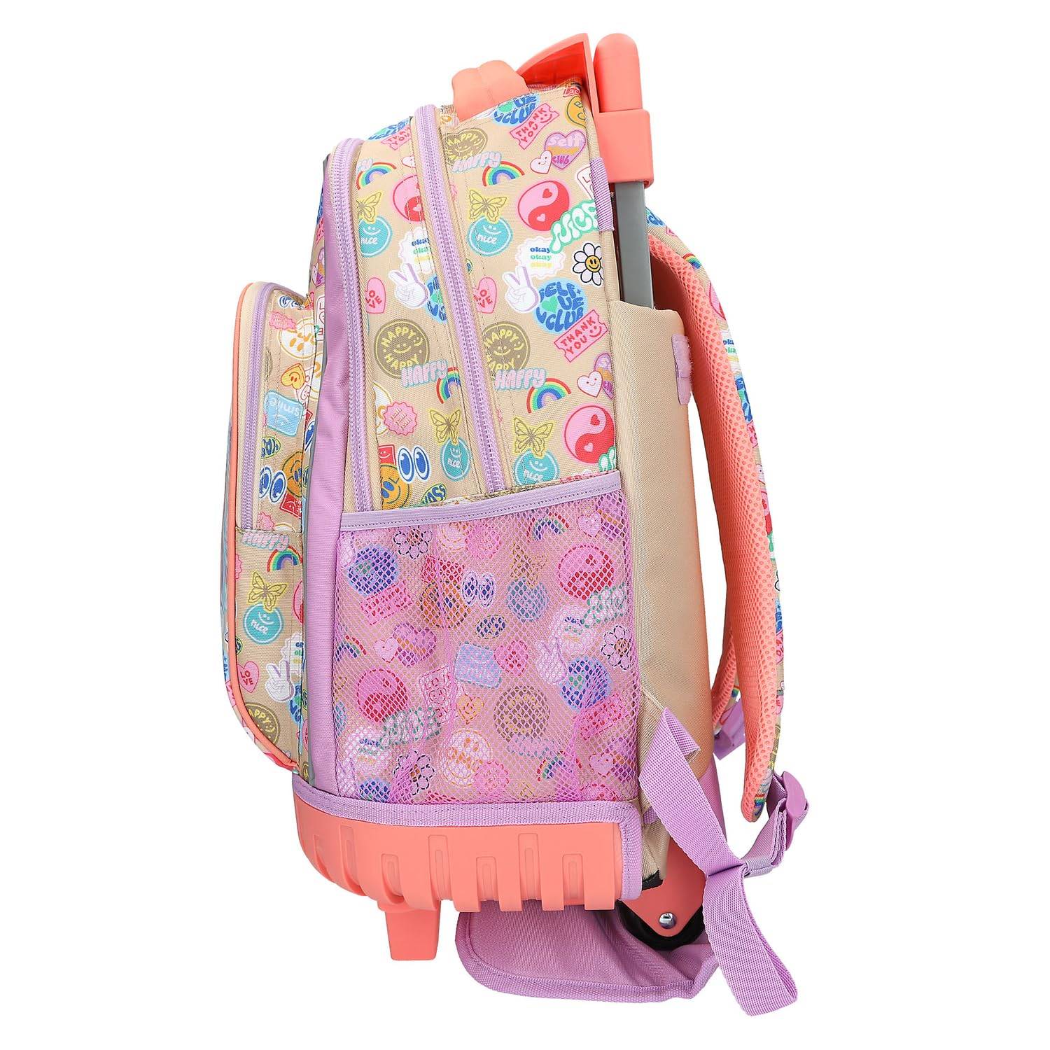 Pastellfarbiger Kinderrucksack mit bunten Cartoon-Drucken, Netztaschen und violetten Riemen auf weißem Hintergrund.