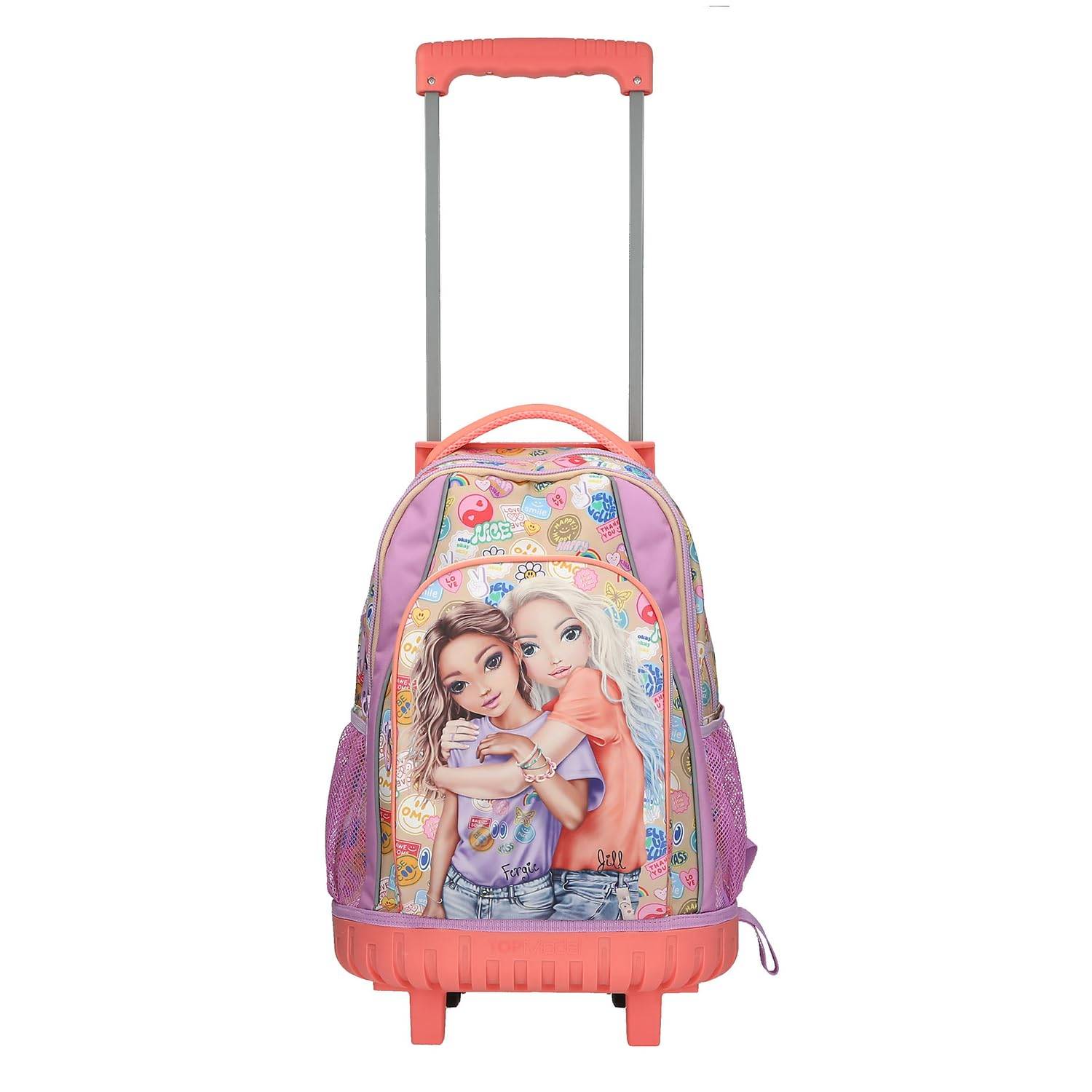 Rosiger Kinder-Rollrucksack mit ausziehbarem Griff und Rollen, mit „Frozen"-Charakterdruck auf der Vorderseite.