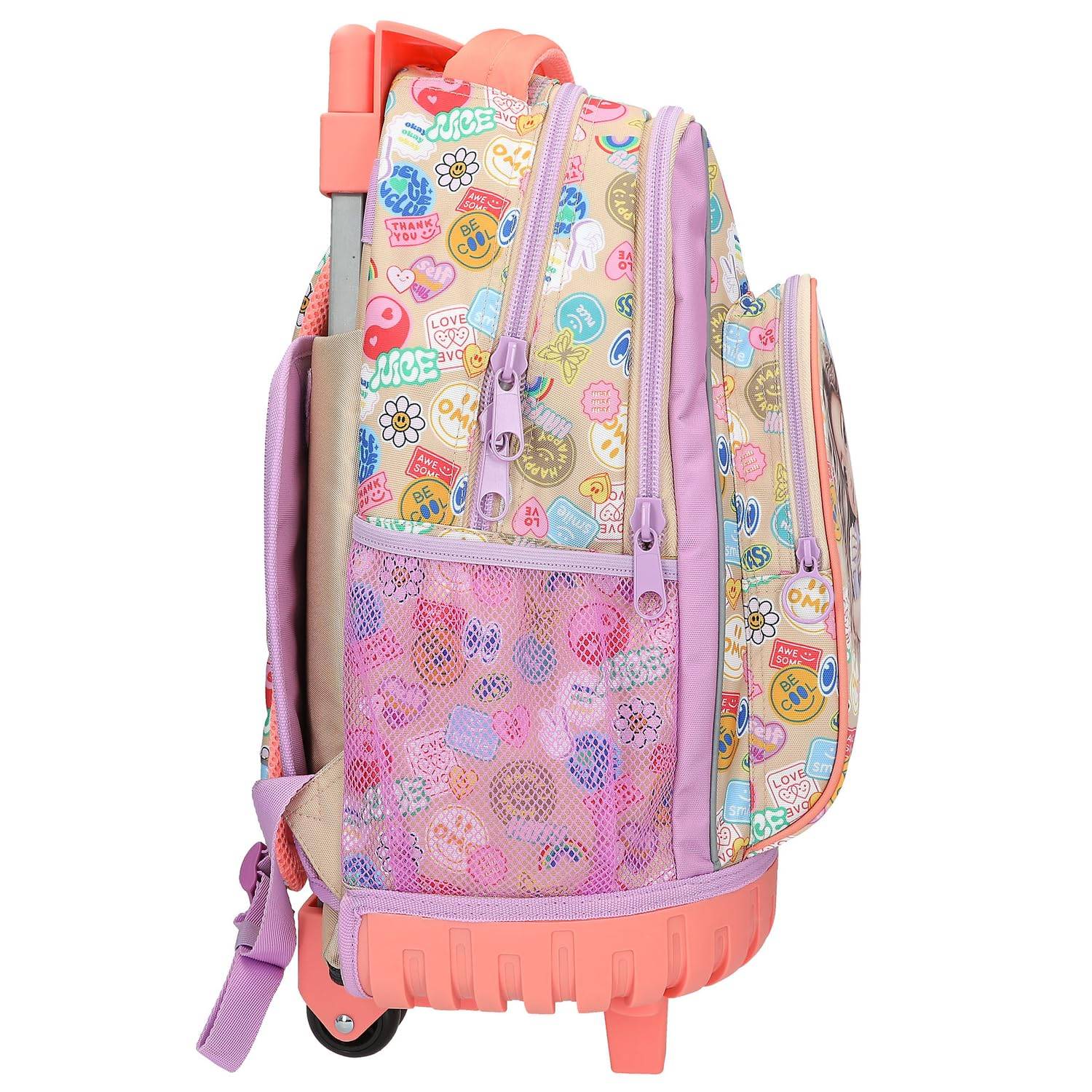 Farbenfroher Kinderrucksack mit Rollen, Pastelltönen mit Cartoonmotiven, vorderer Netztasche und rosa Griff.