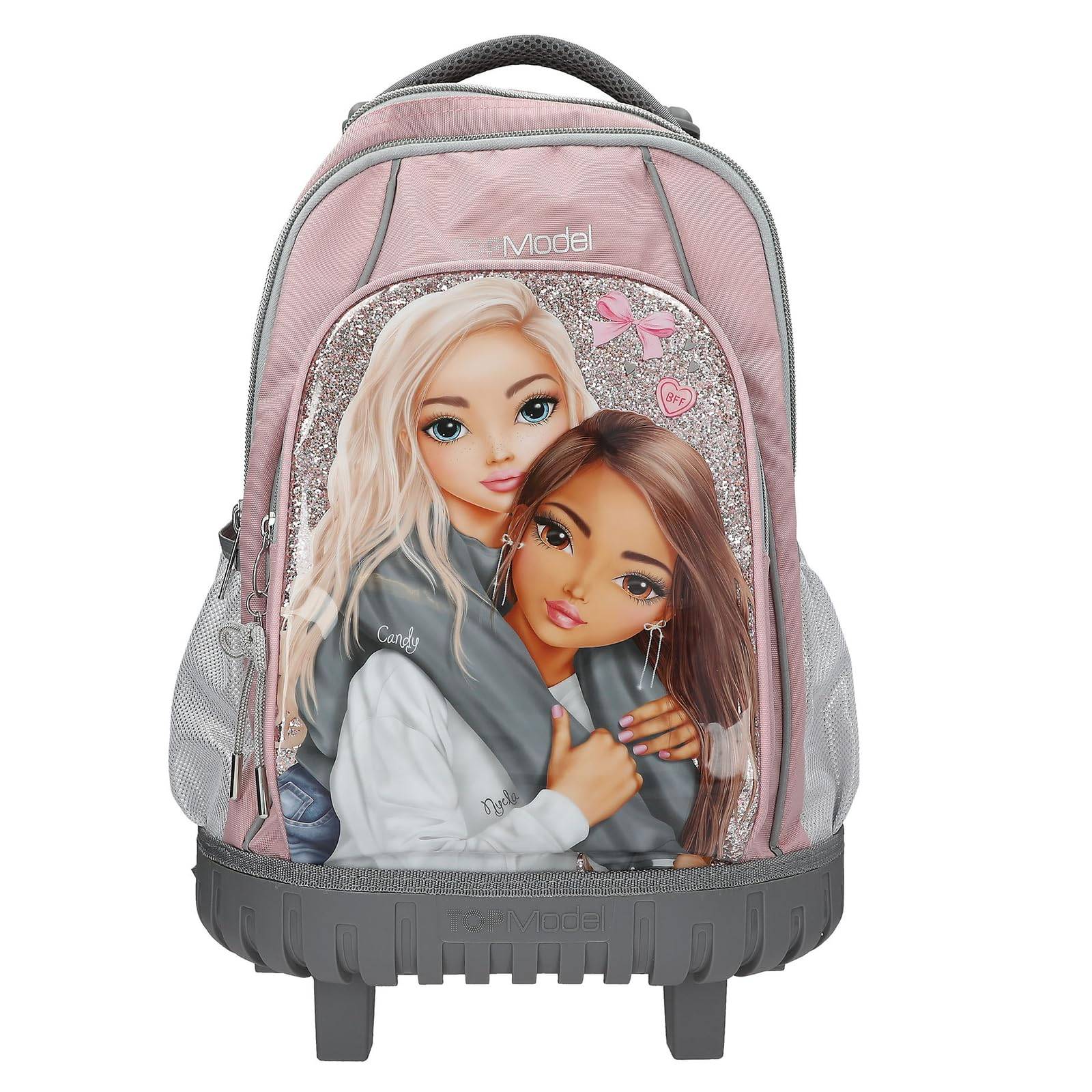 Rosa Rucksack mit Rädern, zwei illustrierten Mädchen auf der Vorderseite und Glitzerapplikationen, vor weißem Hintergrund dargestellt.