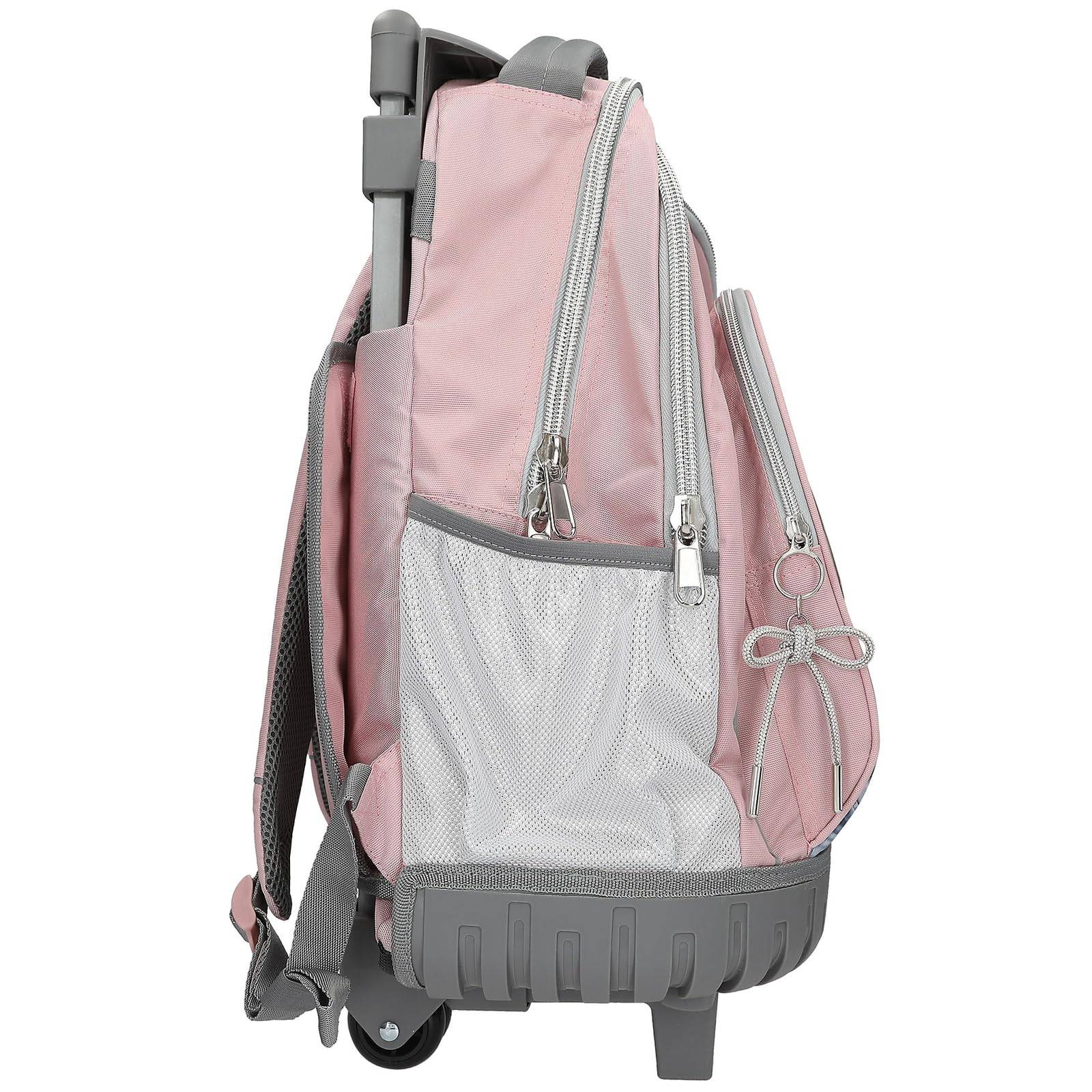 Rosa Rucksack mit Rädern, grauem Rand, seitlicher Netzasche und ausziehbarem Griff auf weißem Hintergrund.