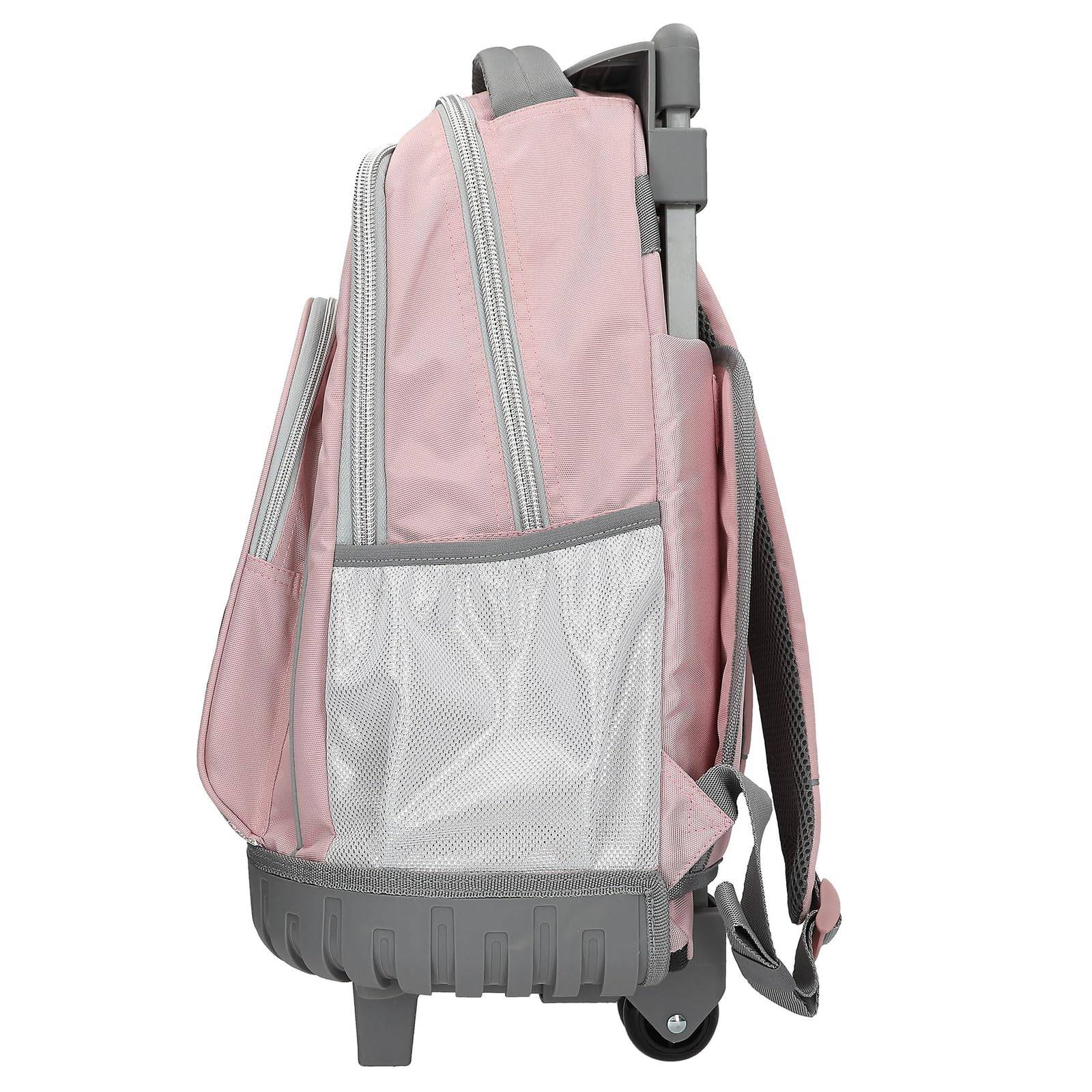 Rosa Kinder-Rollrucksack mit grauem Rand, seitlicher Netztasche und ausziehbarem Griff.