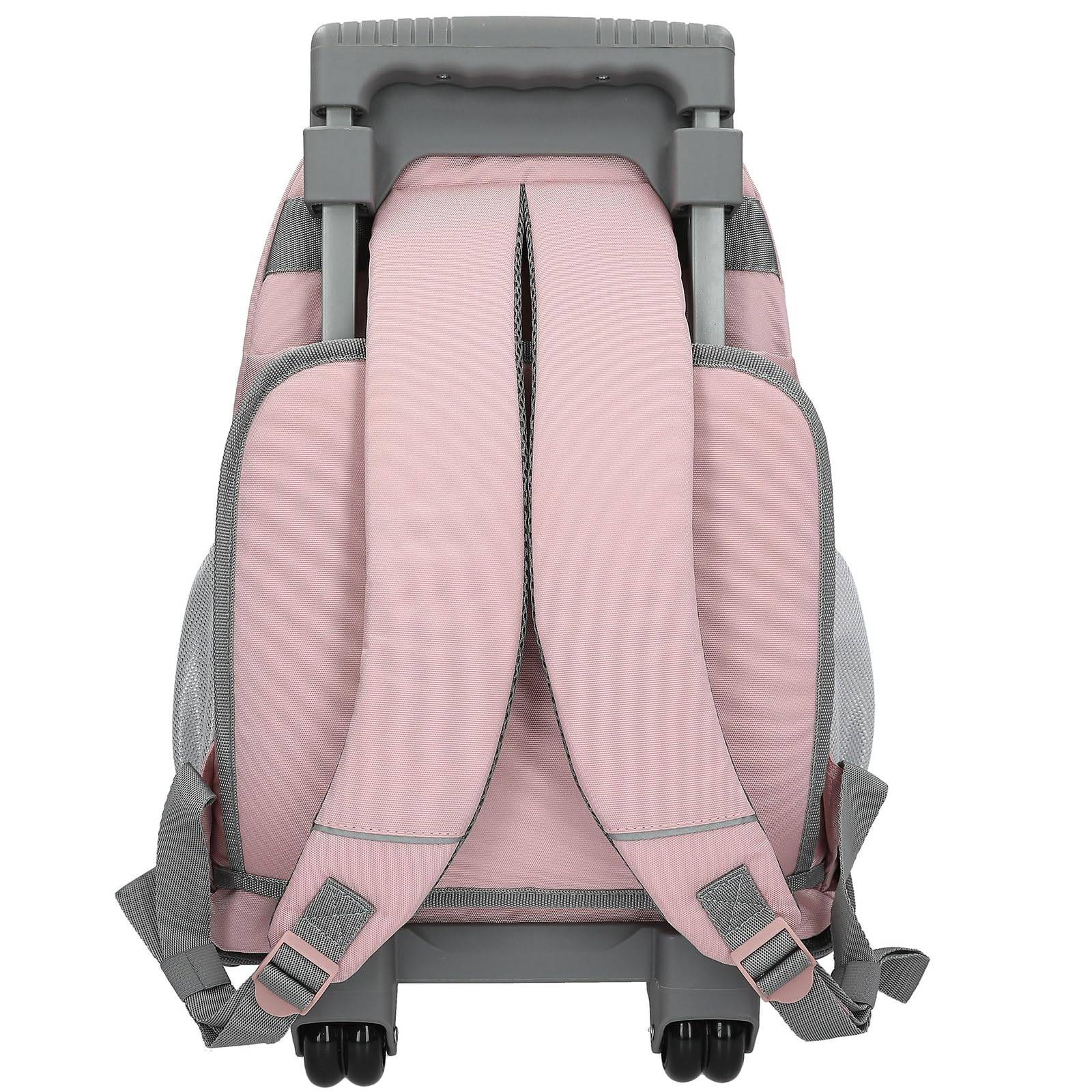 Rosa Kinderrucksack mit Rollen, grauer Teleskopgriff, gepolsterte Schultergurte und schwarze Räder, von hinten gezeigt.