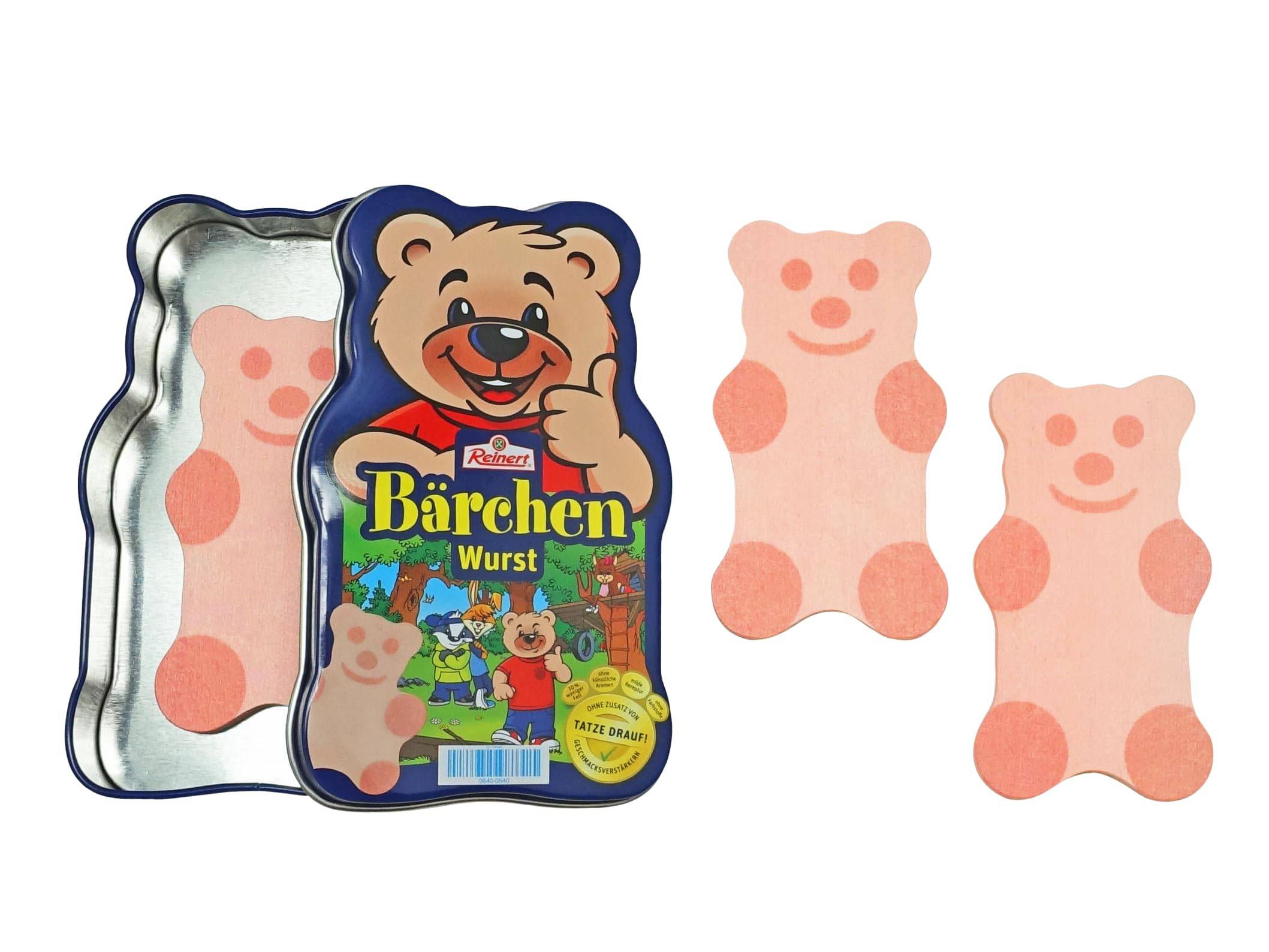 Wurstverpackung in Bärenform mit einem lächelnden Cartoon-Bär auf dem Etikett, daneben zwei rosa bärenförmige Fleischaufschnitt-Scheiben.