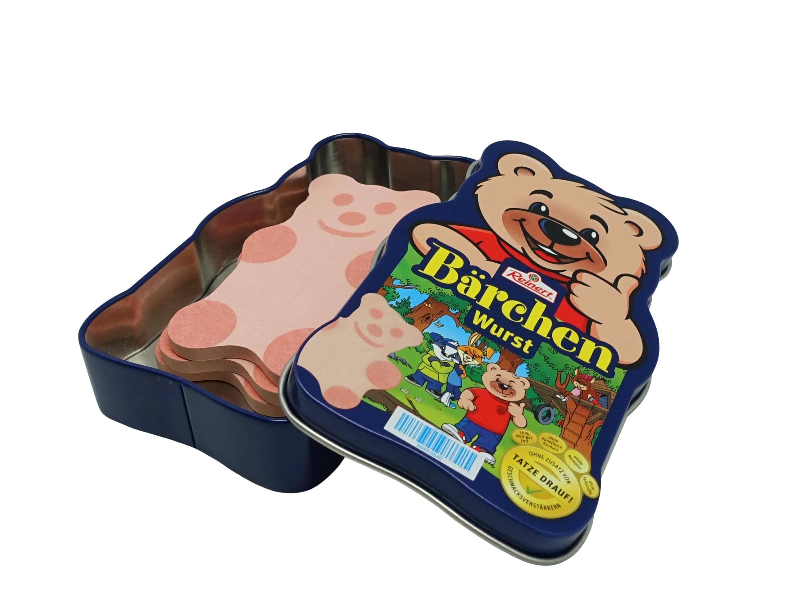 Bärenförmiger Blechbehälter mit Kinderwurst, mit der Aufschrift „Bärchen Wurst
